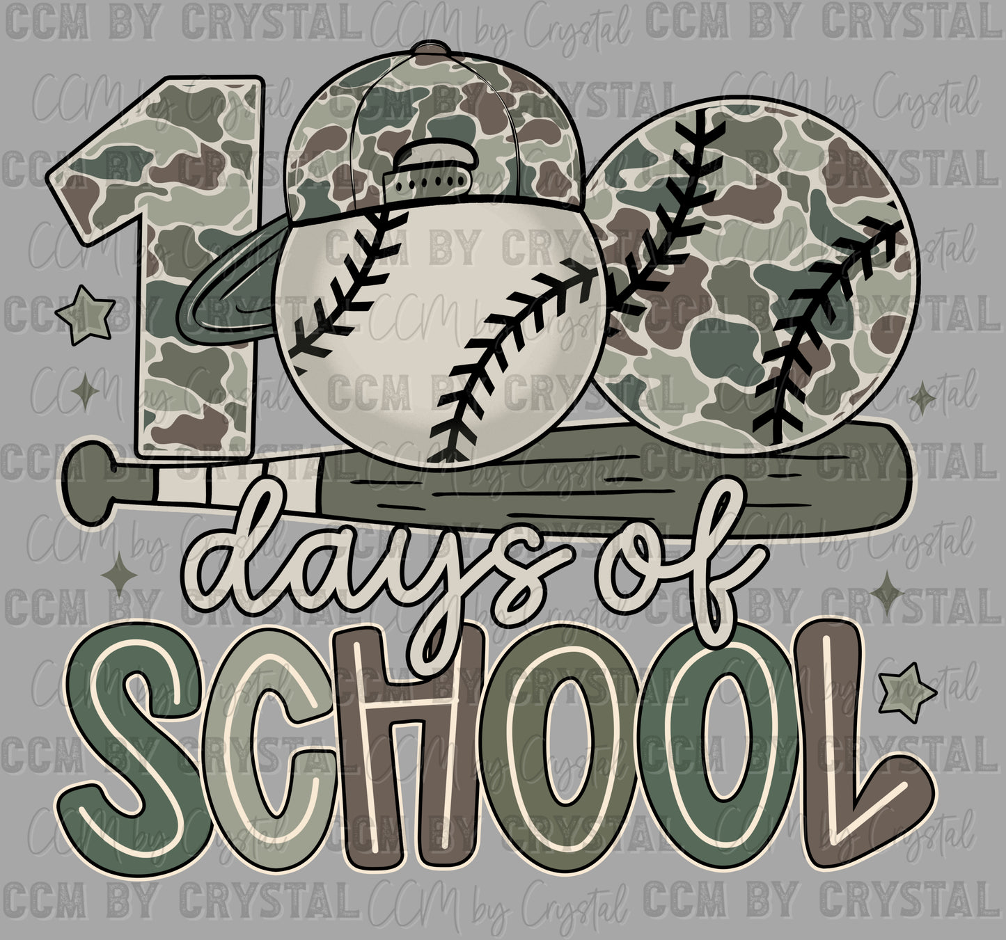 100 Days of School Camo Baseball White Ready to Press Instant Peel DTF Transfers Sublimation Transfers