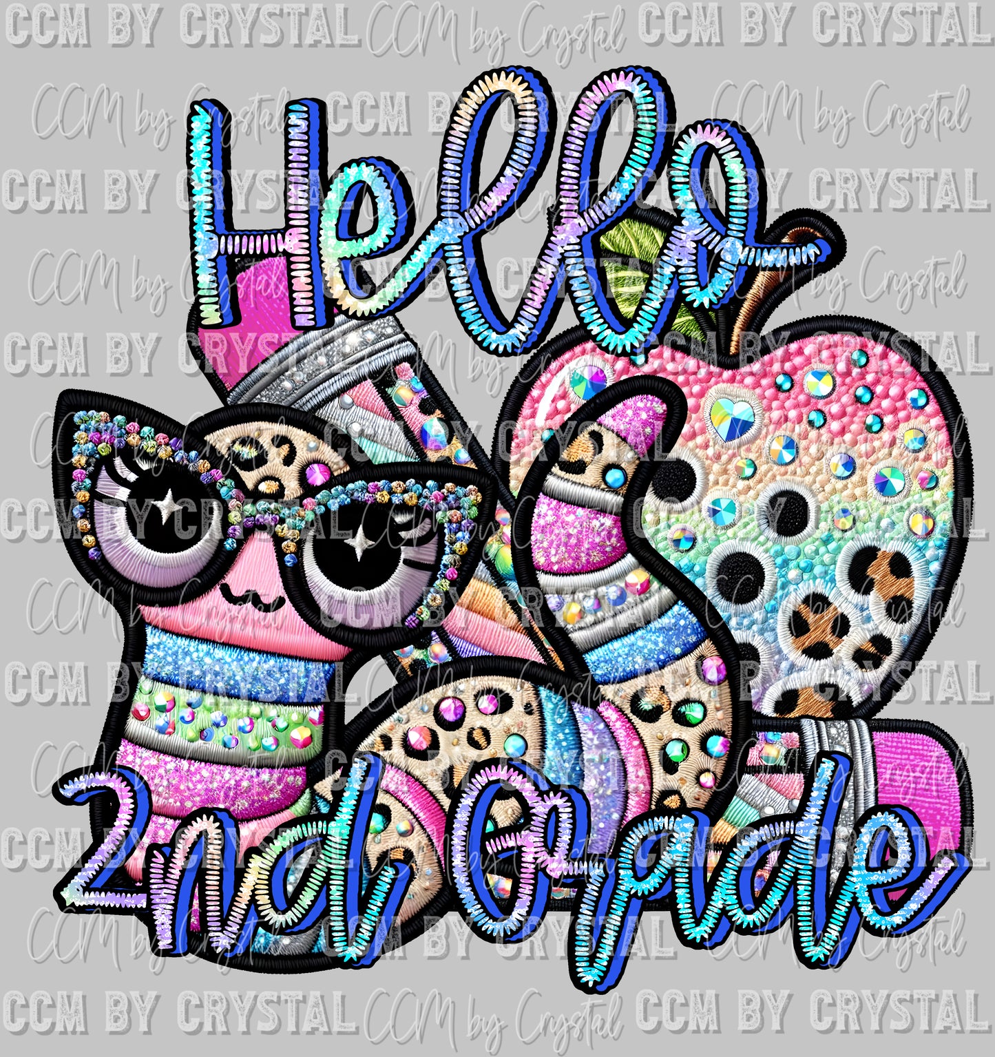 Back to School hello 2nd Grade Faux Rhinestone Effect Ready to Press Transfer DTF Transfer Sublimation Transfer