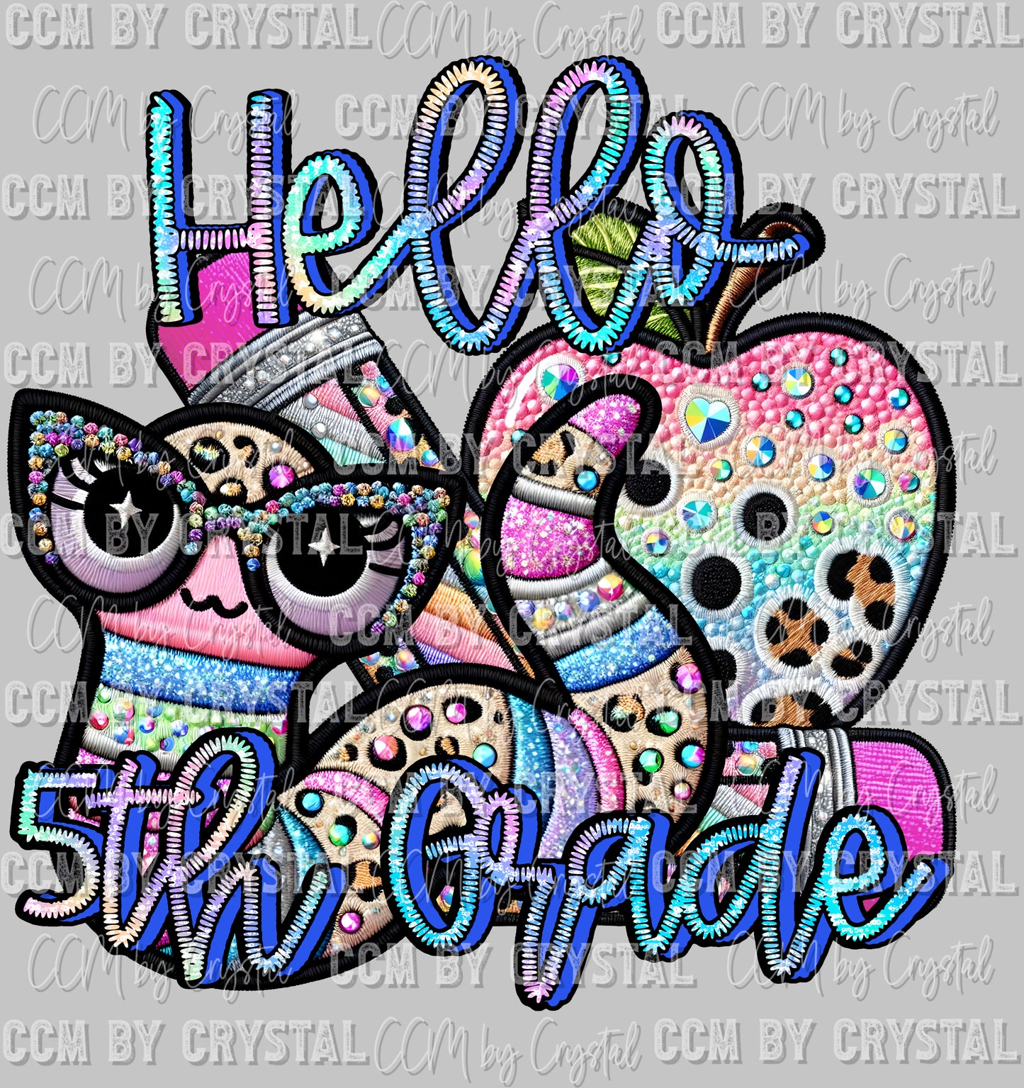 Back to School hello 5th Grade Faux Rhinestone Effect Ready to Press Transfer DTF Transfer Sublimation Transfer