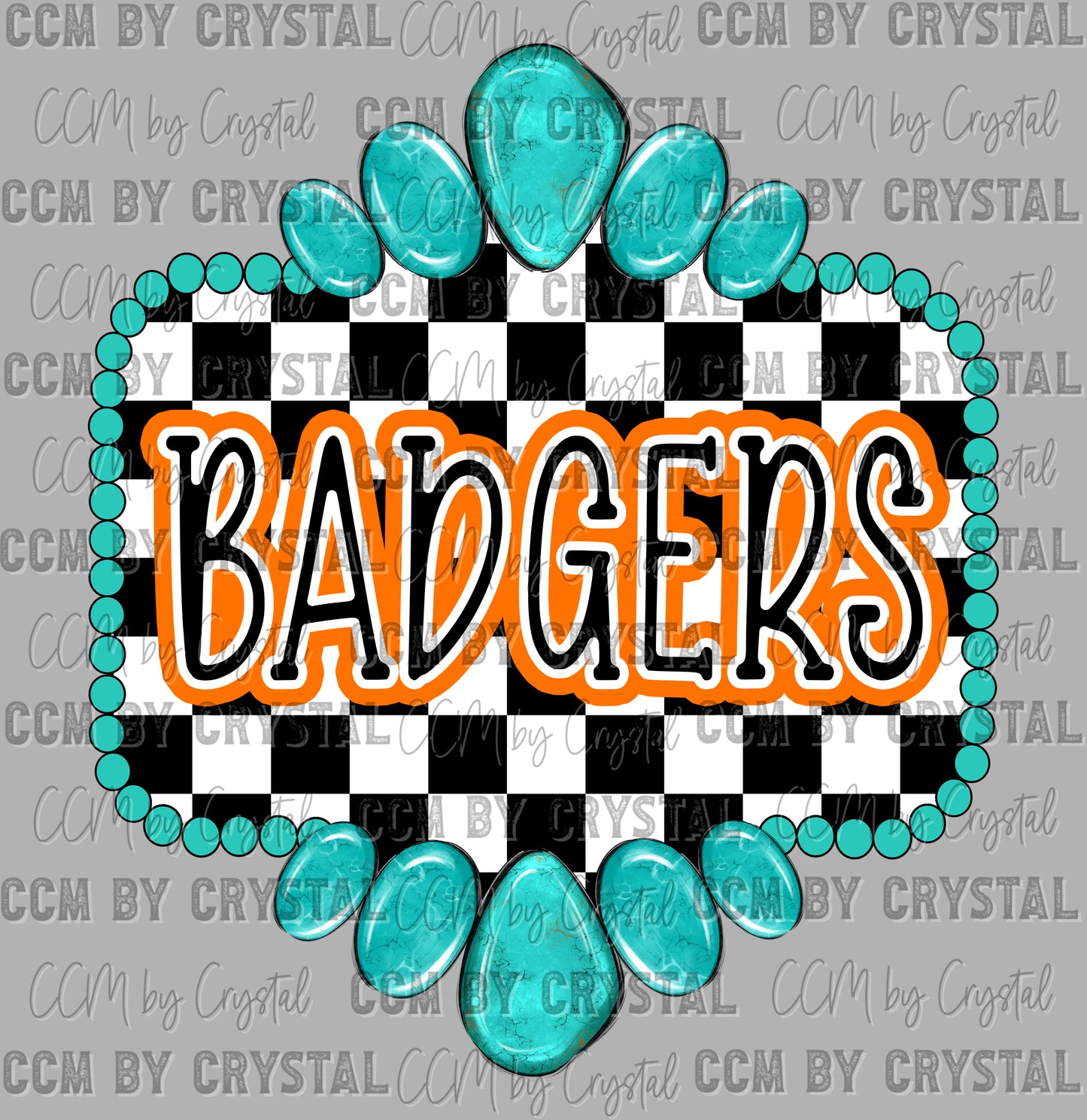 Orange Badgers Mascot Turquoise Concho Ready to Press Transfer DTF Transfer Sublimation Transfer
