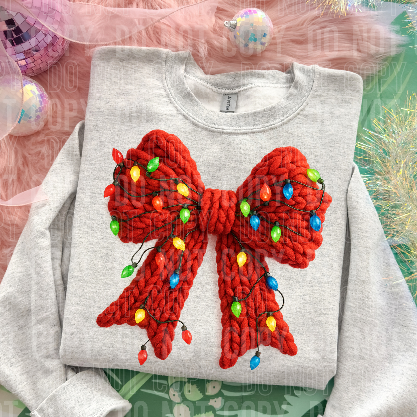 Bow Christmas Lights Fake Faux Yarn Ready to Press Transfer DTF Transfer Sublimation Transfer