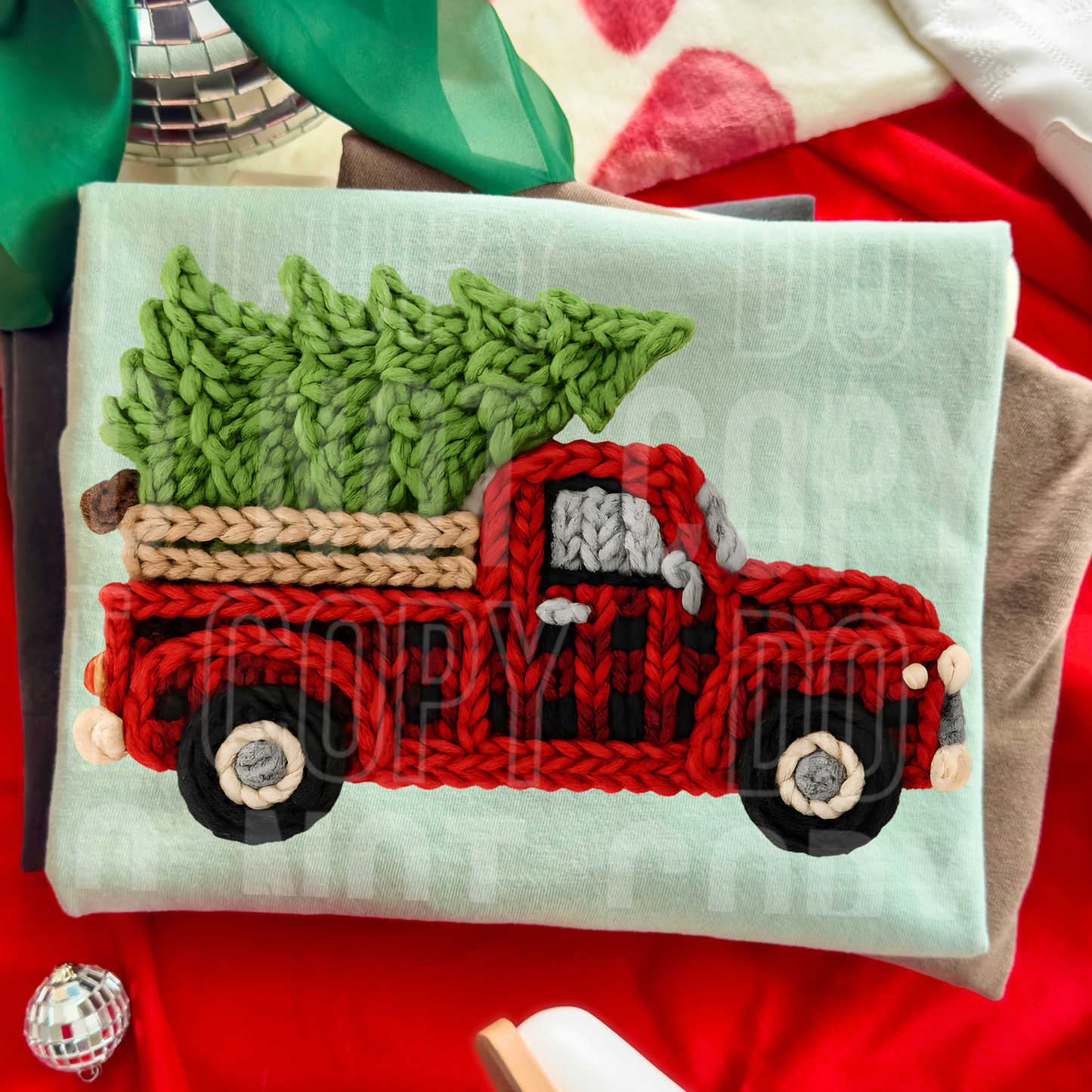 Truck Plaid Christmas Tree Santa Hat Fake Faux Yarn Ready to Press Transfer DTF Transfer Sublimation Transfer
