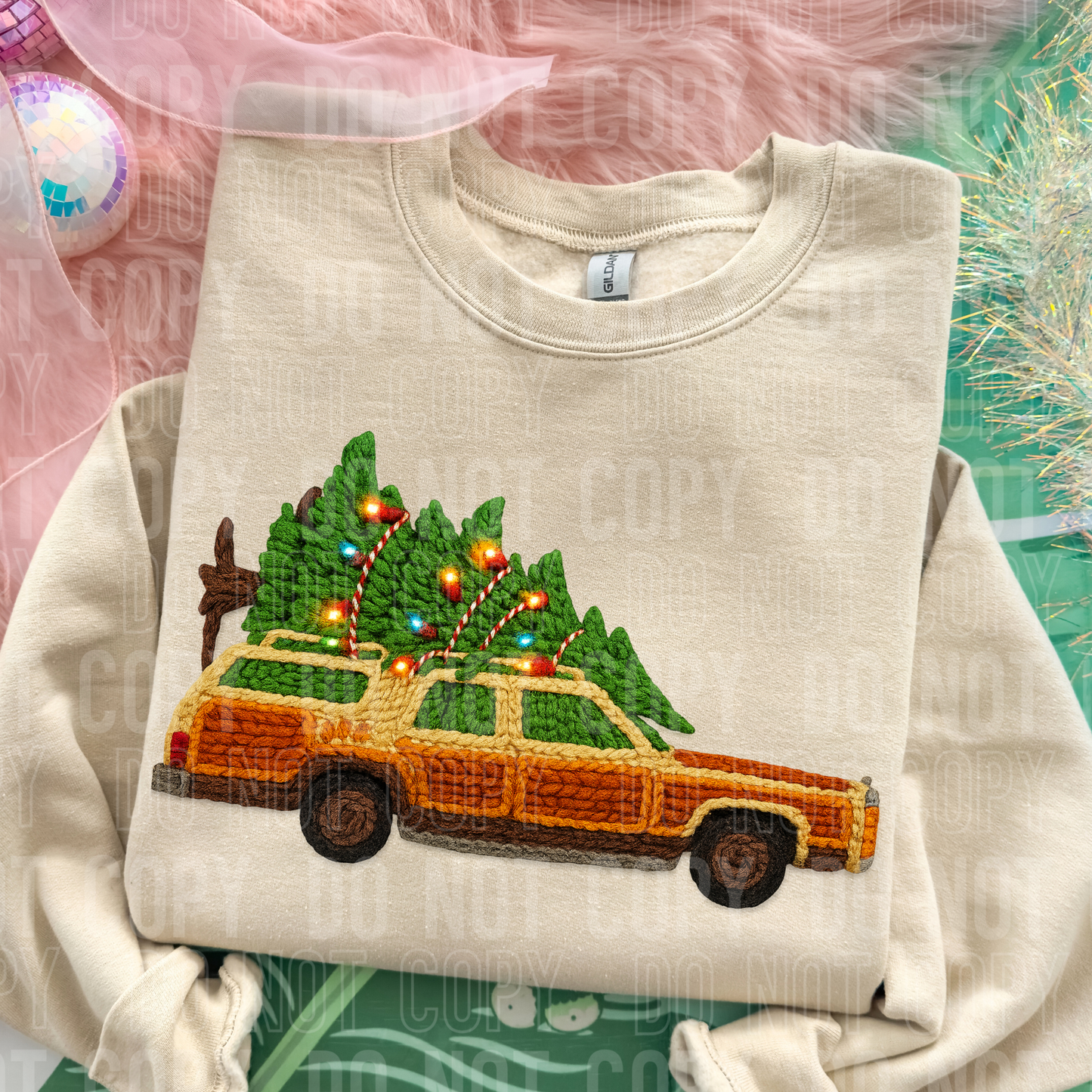Car Christmas Tree Lights Fake Faux Yarn Ready to Press Transfer DTF Transfer Sublimation Transfer