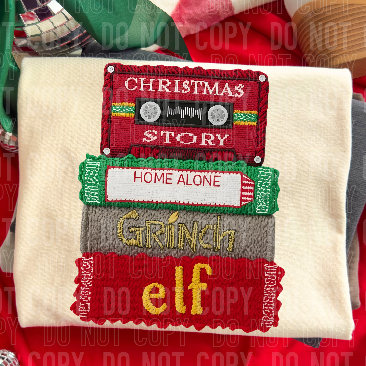 Christmas Movies Faux Fake Yarn Fake Sequins Ready to Press Transfer Instant Peel DTF Transfer Sublimation Transfer