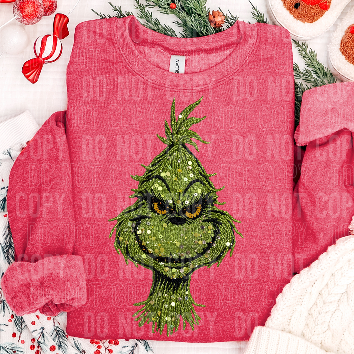 Christmas Green Guy Faux Fake Yarn Fake Sequins Ready to Press Transfer Instant Peel DTF Transfer Sublimation Transfer