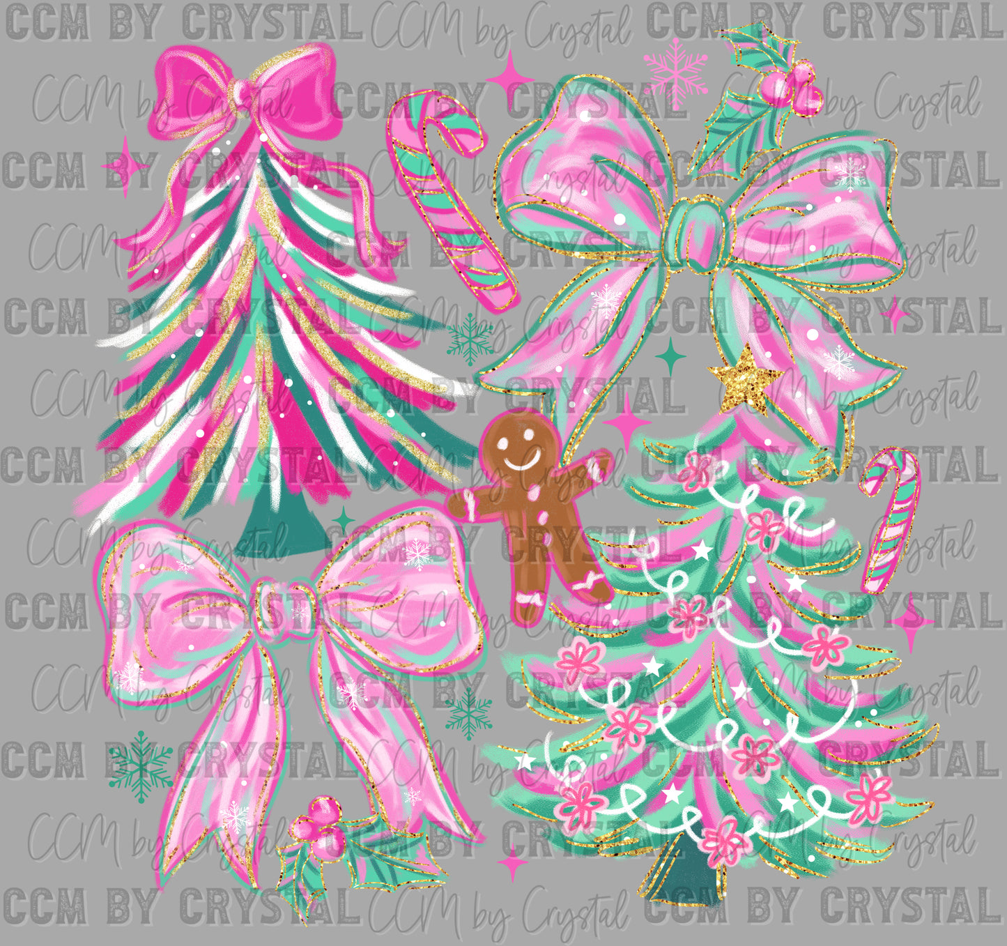 Christmas Tree Bow Gingerbread Man Faux Glitter Ready to Press Transfer DTF Transfer Sublimation Transfer