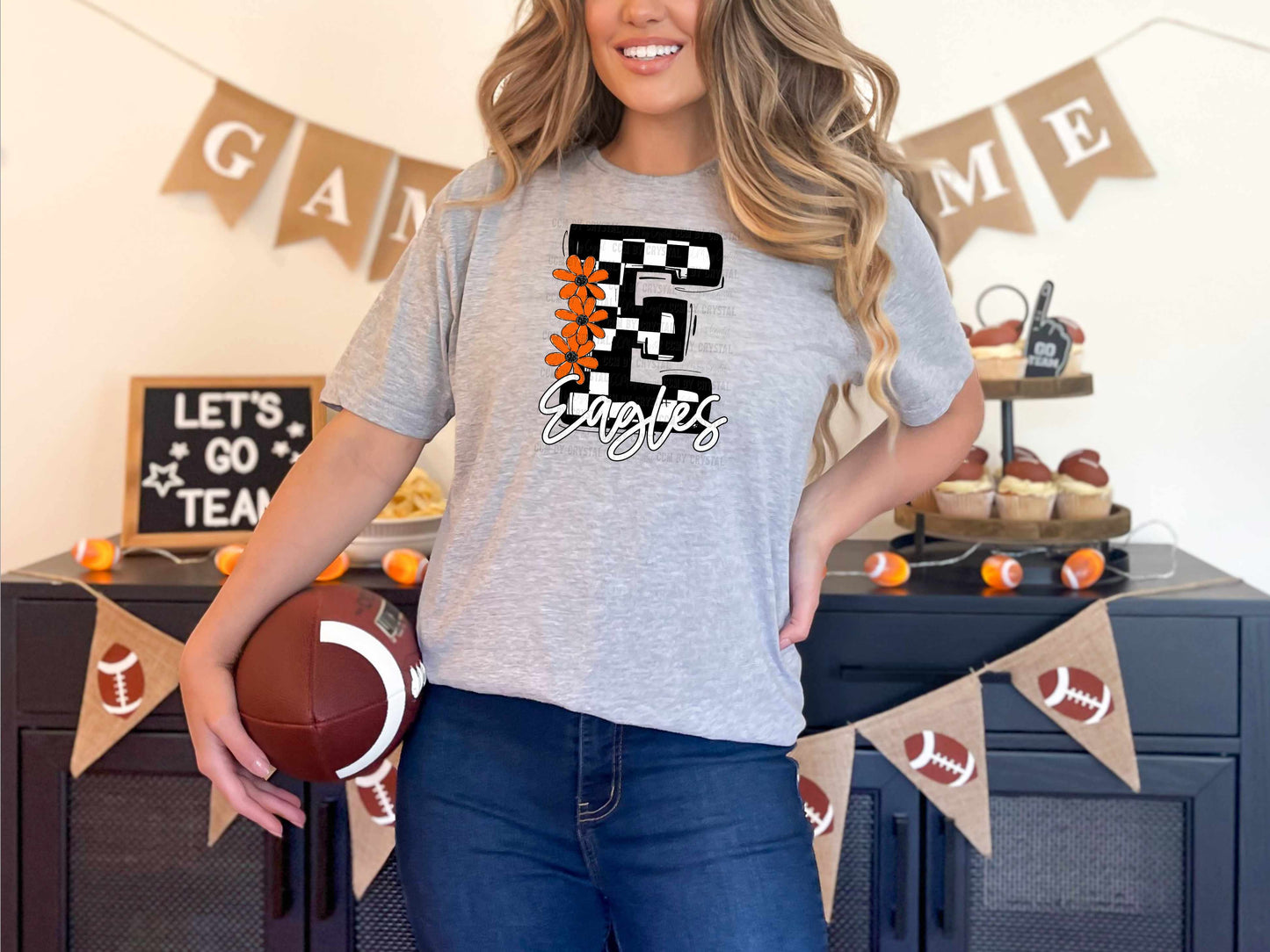 Eagles Orange Flowers Checkered Sports Mascot Ready to Press Transfer DTF Transfer Sublimation Transfer