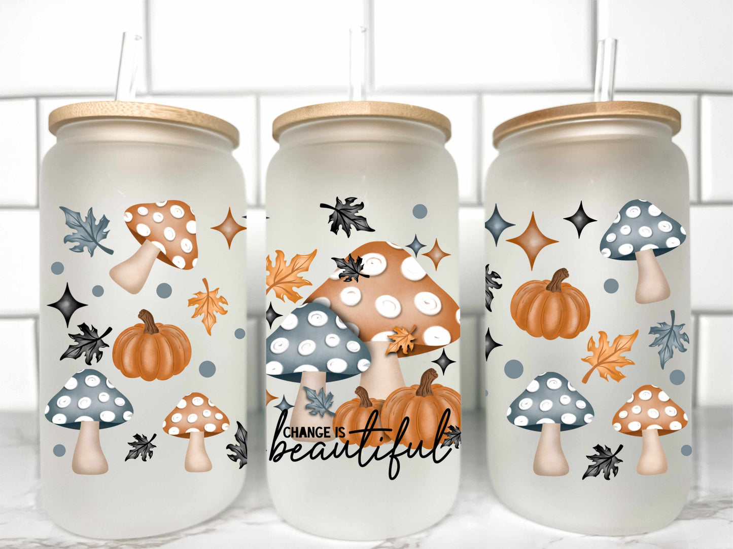 Change is Beautiful Fall UV Transfer 16oz Libby Glass Can Wrap Ready to Apply