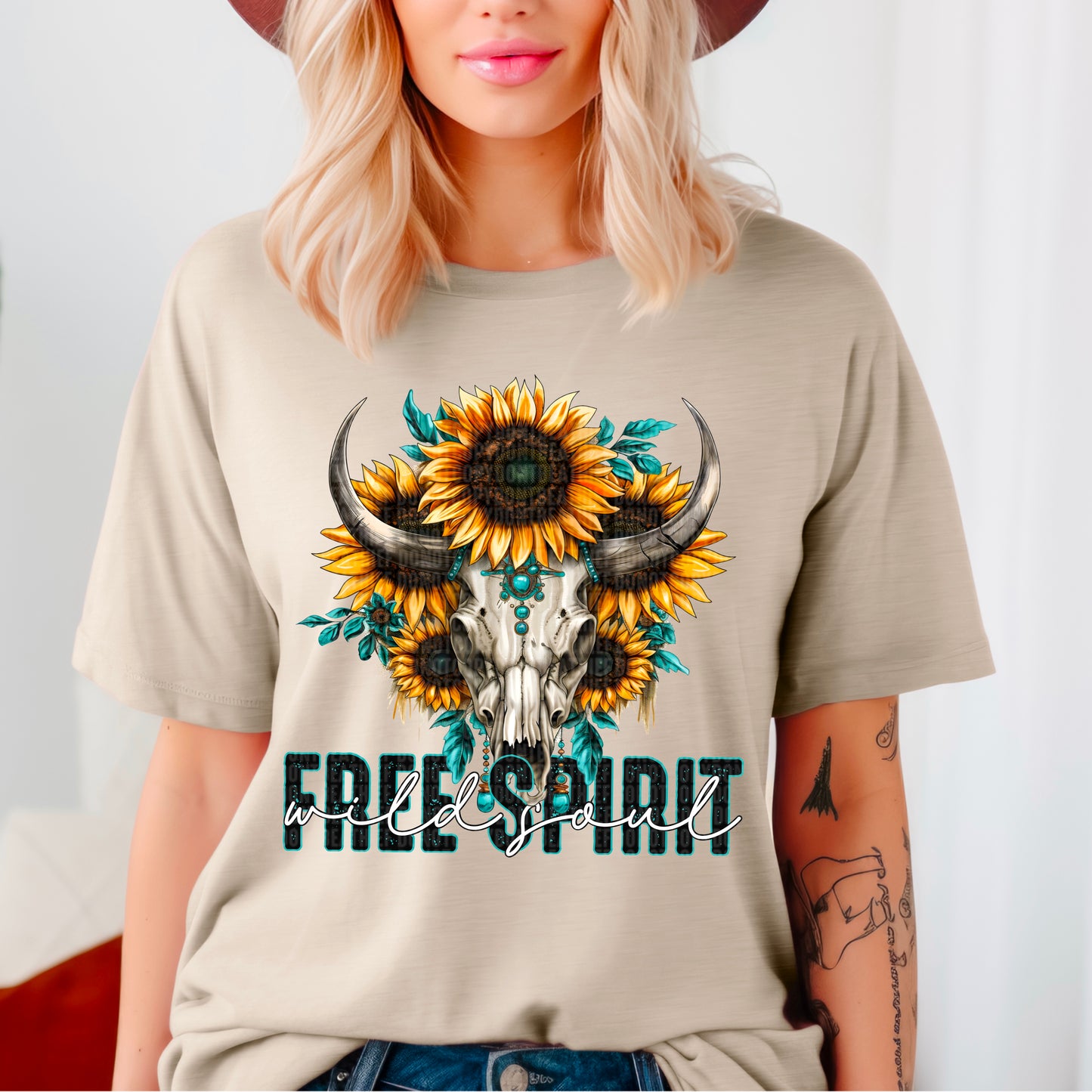 Free Spirit Wild Soul Western Cow Skull Flowers Ready to Press Transfer DTF Transfer Sublimation Transfer