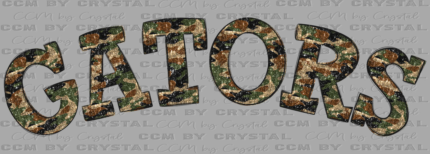 Gators Camo Faux Glitter Mascot Ready to Press Transfer DTF Transfer Sublimation Transfer