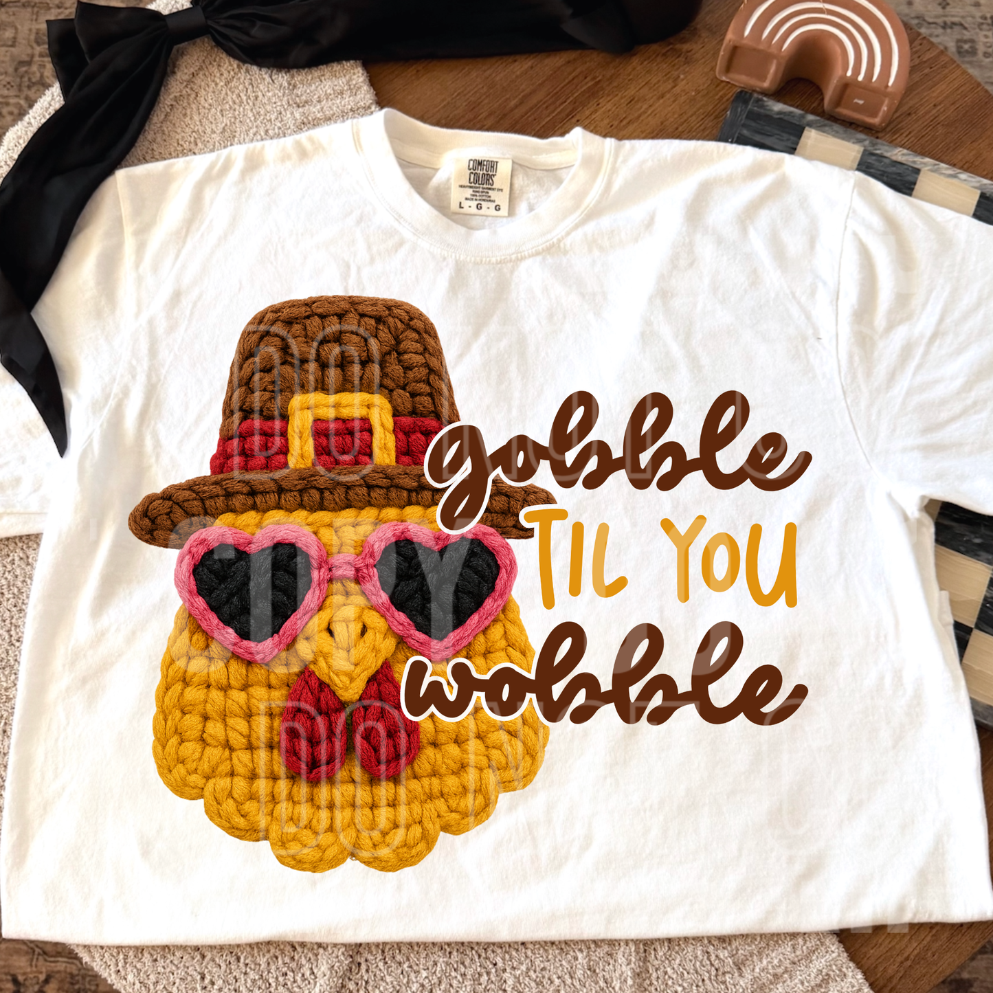 Gobble Til You Wobble Thanksgiving Turkey Pilgrim Hat Fall Faux Fake Yarn Ready to Press Transfer DTF Transfer Sublimation Transfer