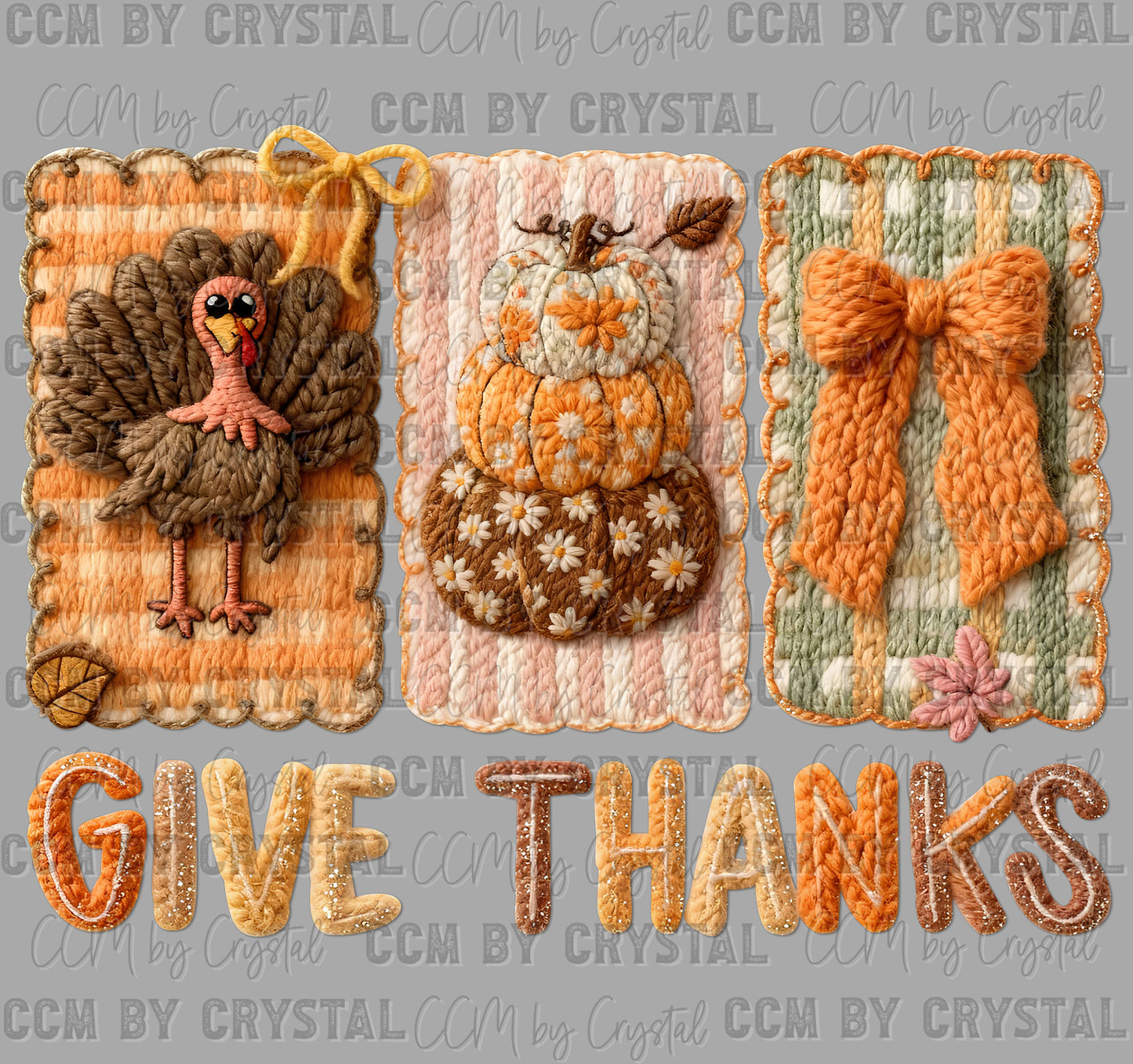 Give Thanks Fall Thanksgiving Turkey Faux Yarn Ready to Press Transfer DTF Transfer Sublimation Transfer