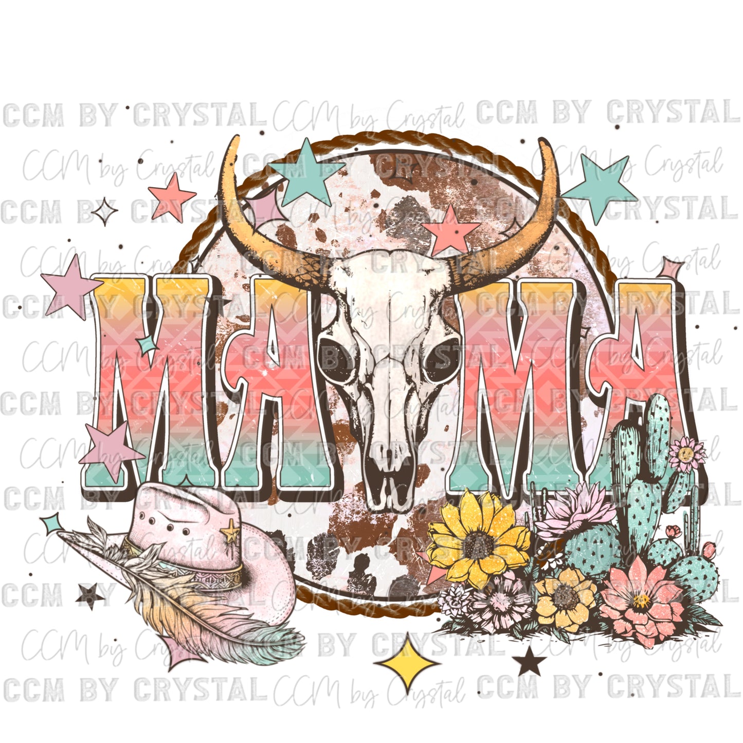 Mama Bull Skull Cowhide Western Ready to Press Transfer