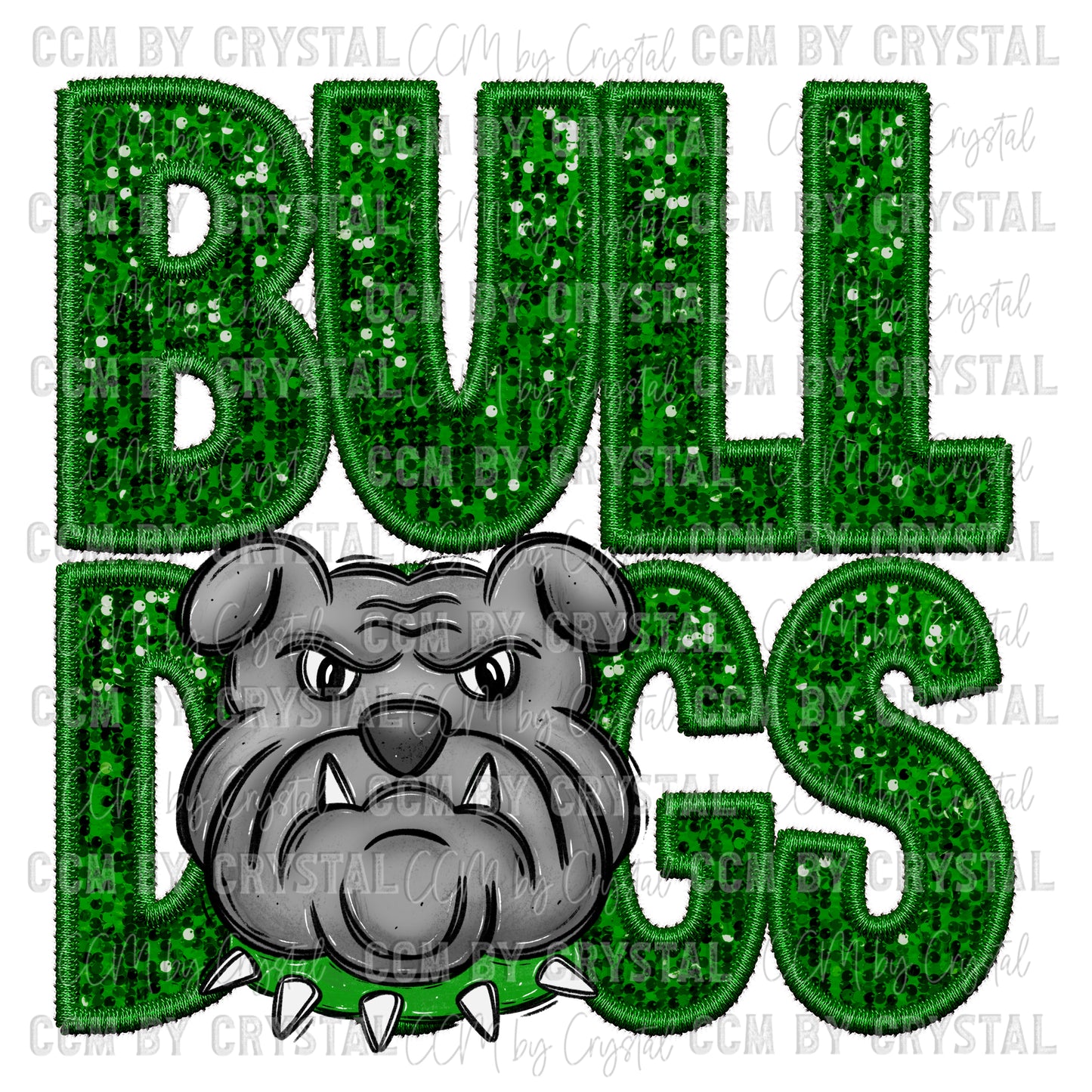 Bulldogs Green Mascot Faux Sequins Faux Embroidery PNG Digital File ONLY