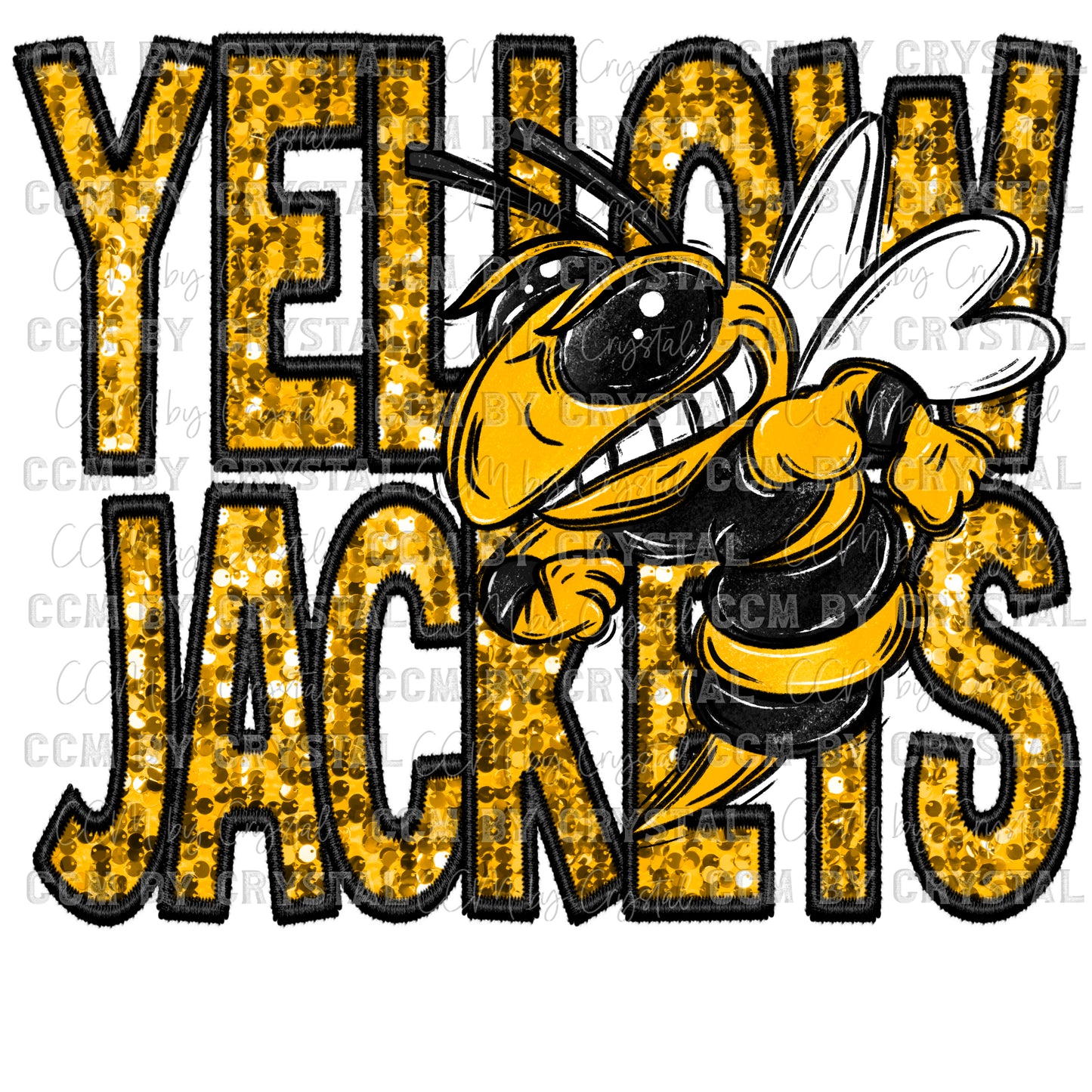 Yellow Jackets Faux Sequins Faux Embroidery Mascot Ready to Press Transfer