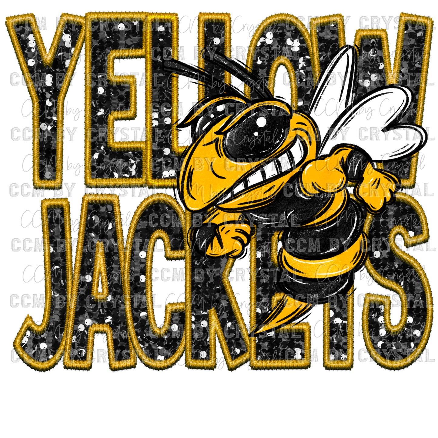 Yellow Jackets Faux Sequins Faux Embroidery Mascot Ready to Press Transfer