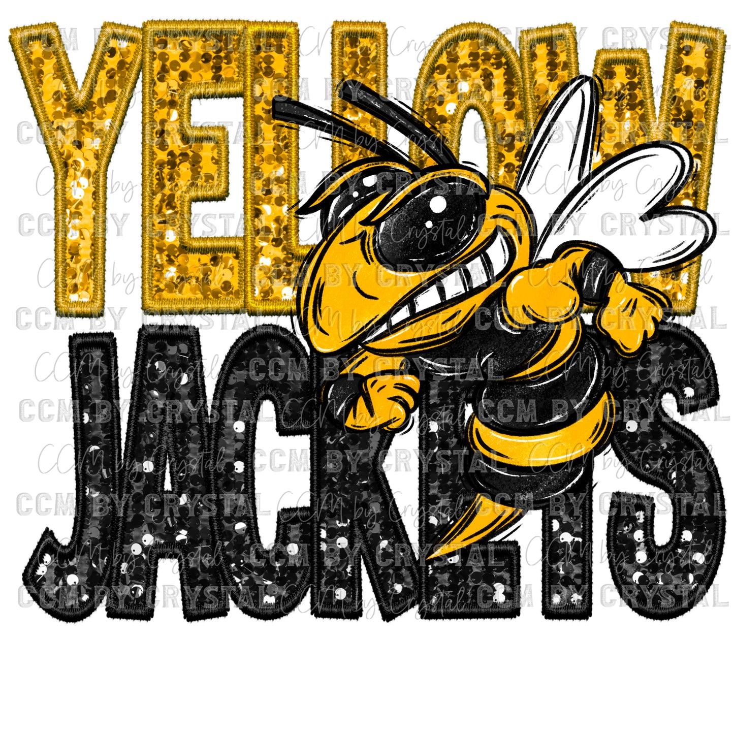Yellow Jackets Faux Sequins Faux Embroidery Mascot Ready to Press Transfer