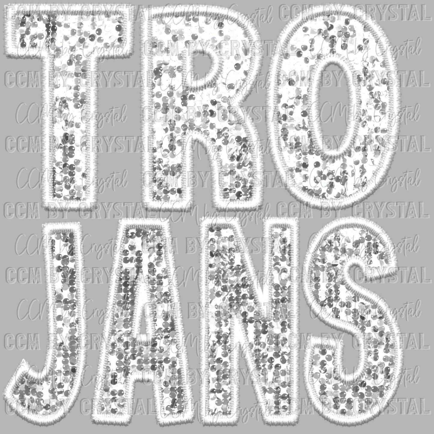 Trojans White Mascot Faux Sequins Faux Embroidery Mascot Ready to Press Transfer