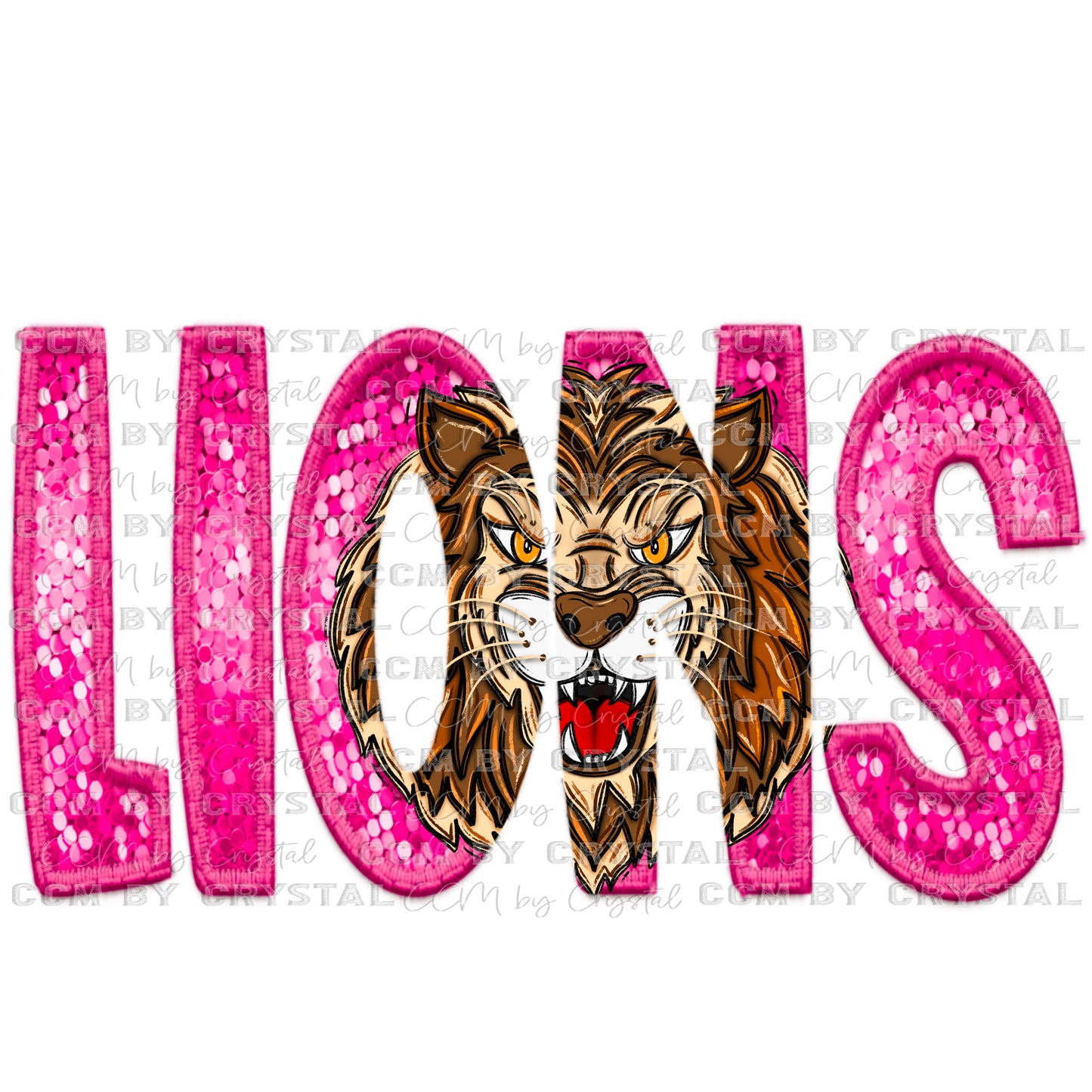 Lions pink Mascot Faux Sequins Faux Embroidery Mascot Ready to Press Transfer