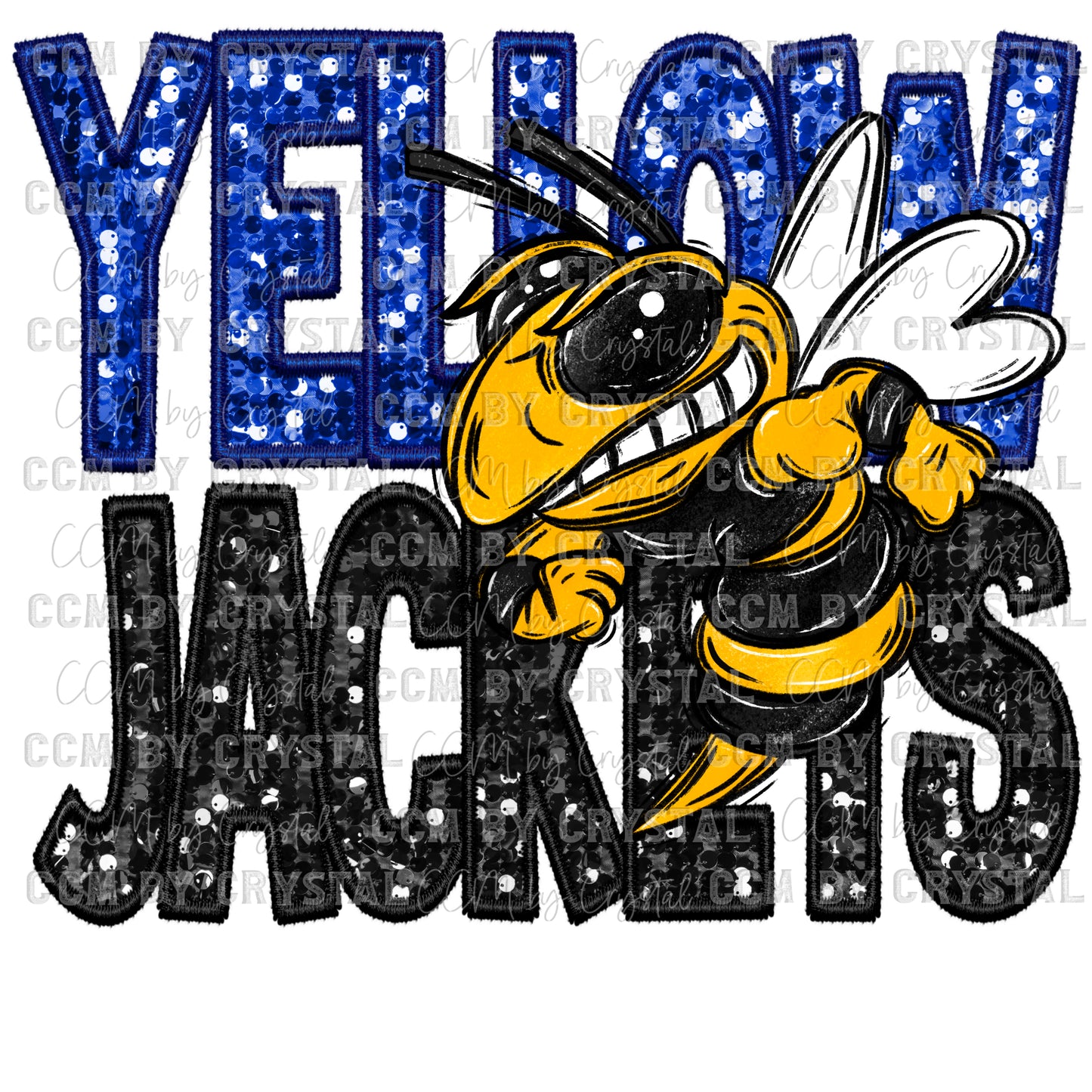 Yellow Jackets Blue Mascot Faux Embroidery Faux Sequins Ready To Press Transfer