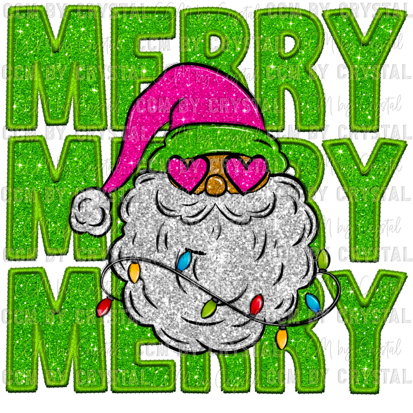 Merry Pink Glitter Santa Christmas Faux Embroidery Faux Sequins Ready To Press Transfer DTF Sublimation