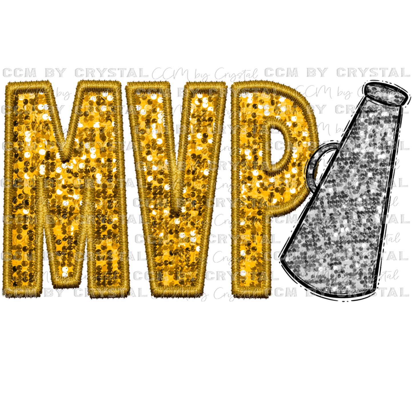 MVP Cheer Megaphone Faux Embroidery Faux Sequins Ready To Press Transfer DTF Sublimation