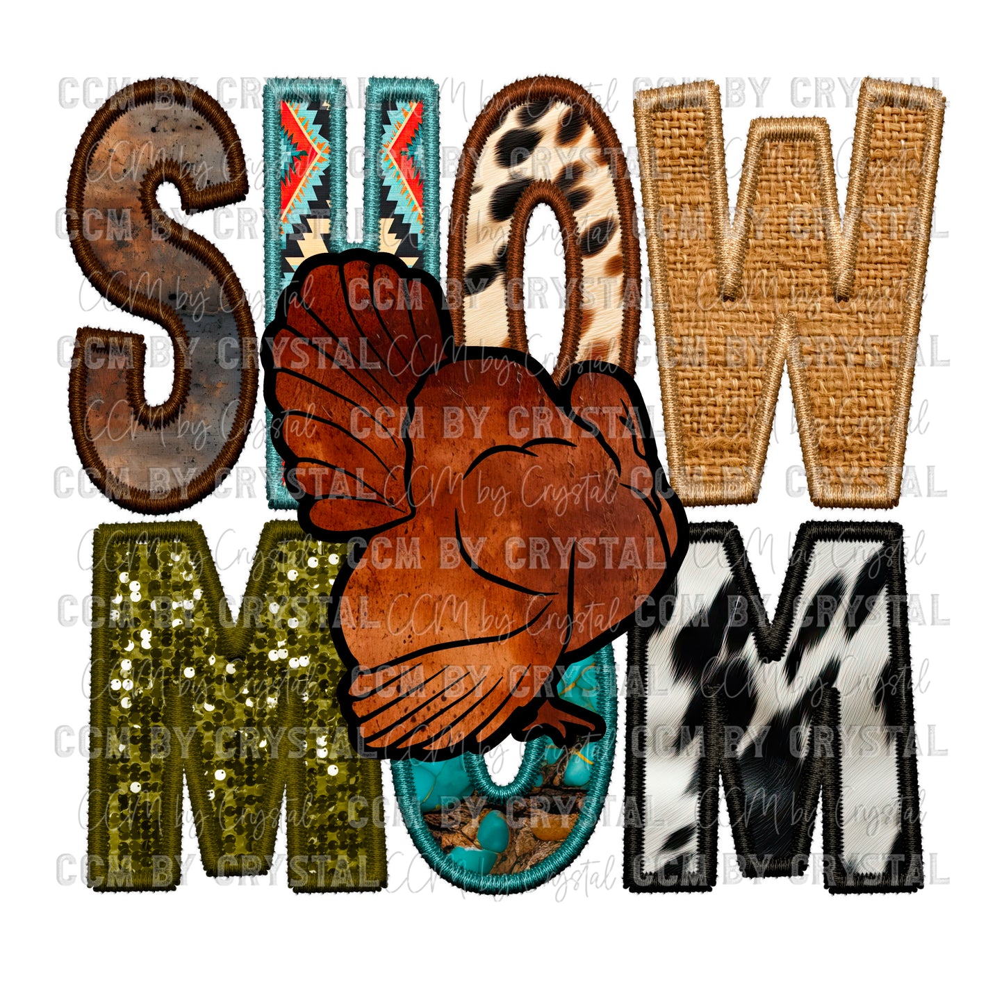 Stock Show Mom Turkey Faux Sequins Faux Embroidery Mascot Ready to Press Transfer