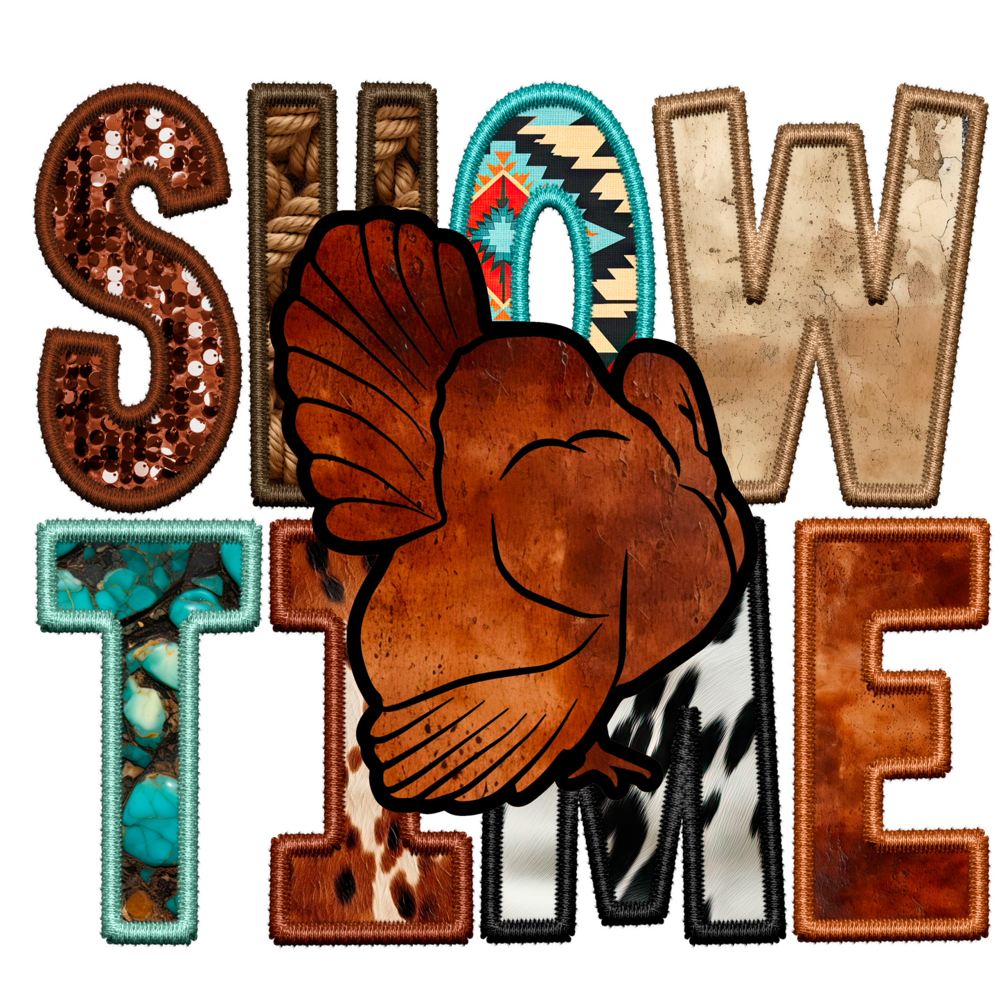 Stock Show Time Turkey Faux Sequins Faux Embroidery Mascot Ready to Press Transfer