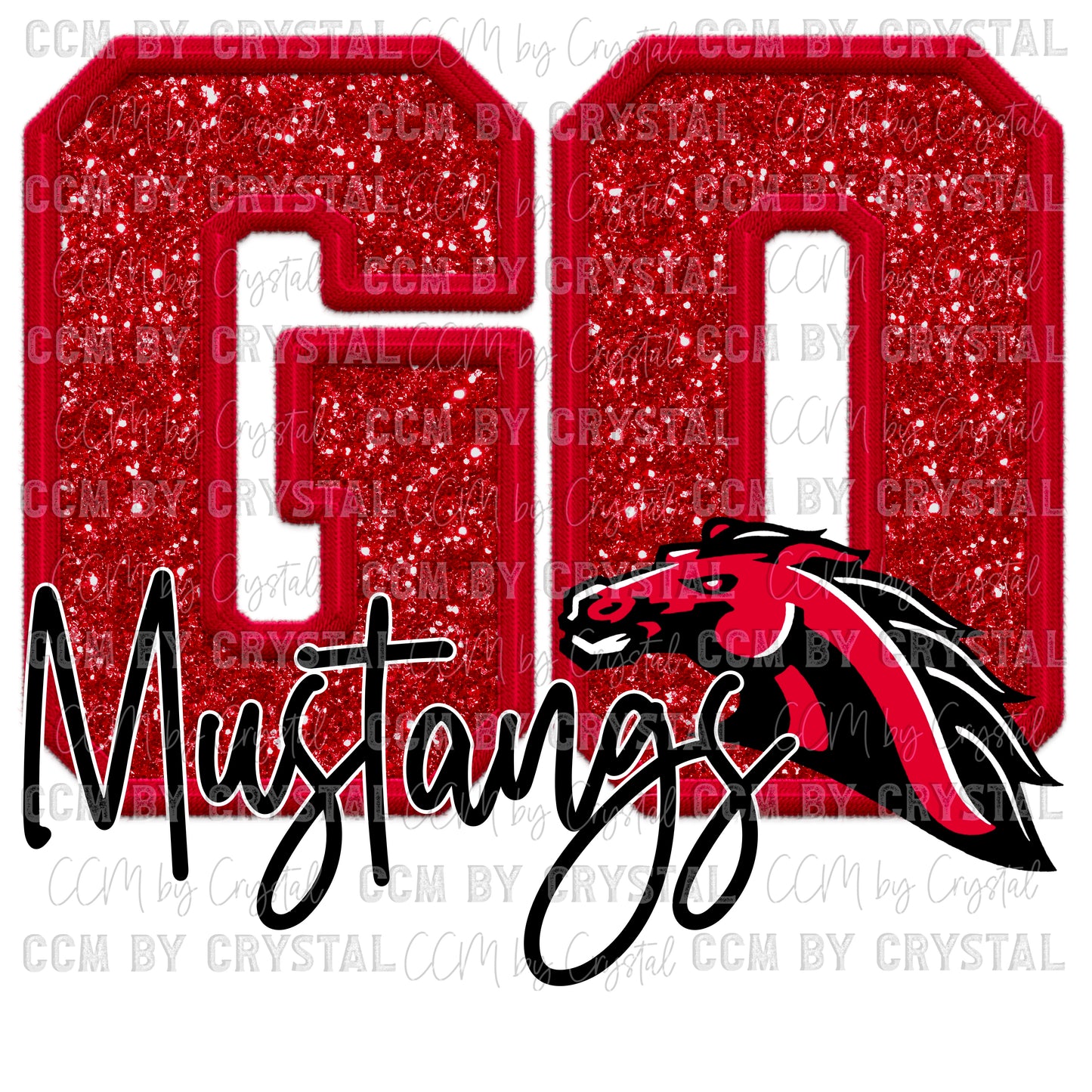 Go Mustangs Faux Sequins Faux Embroidery Mascot Ready to Press Transfer