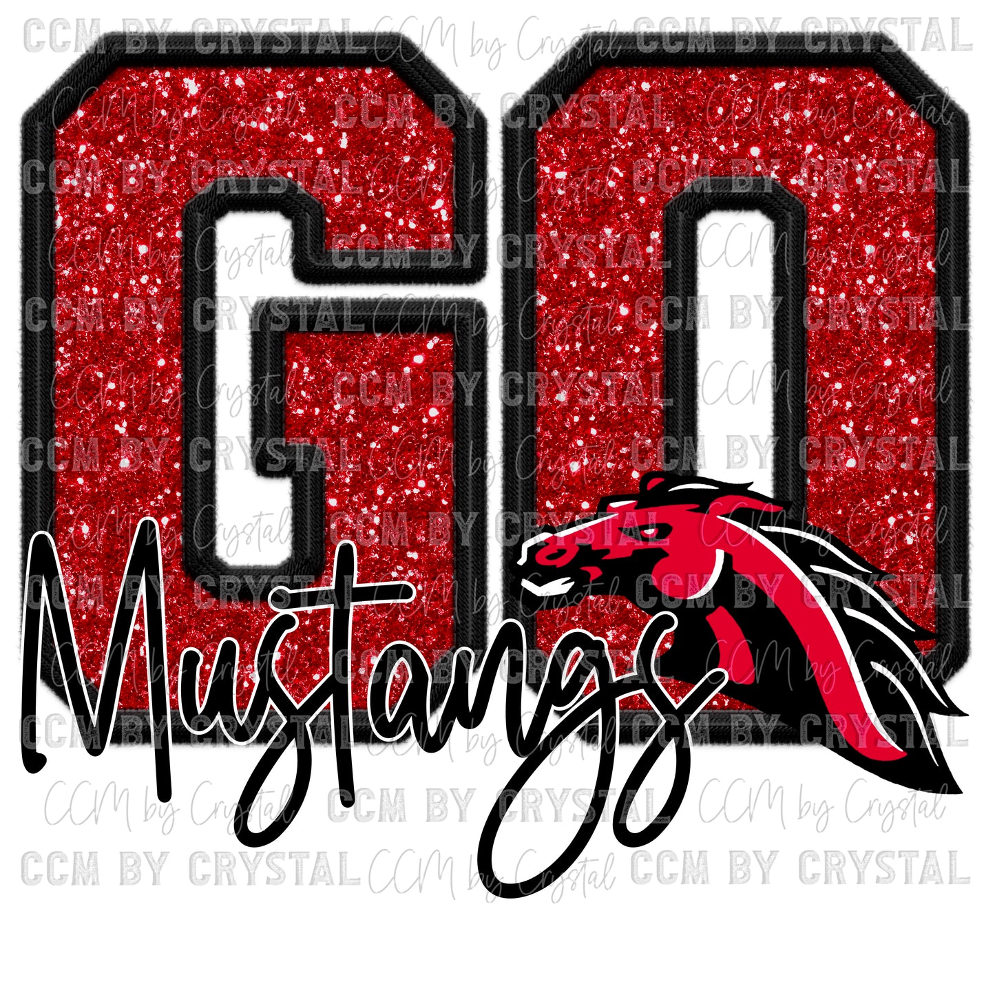 Go Mustangs Faux Sequins Faux Embroidery Mascot Ready to Press Transfer