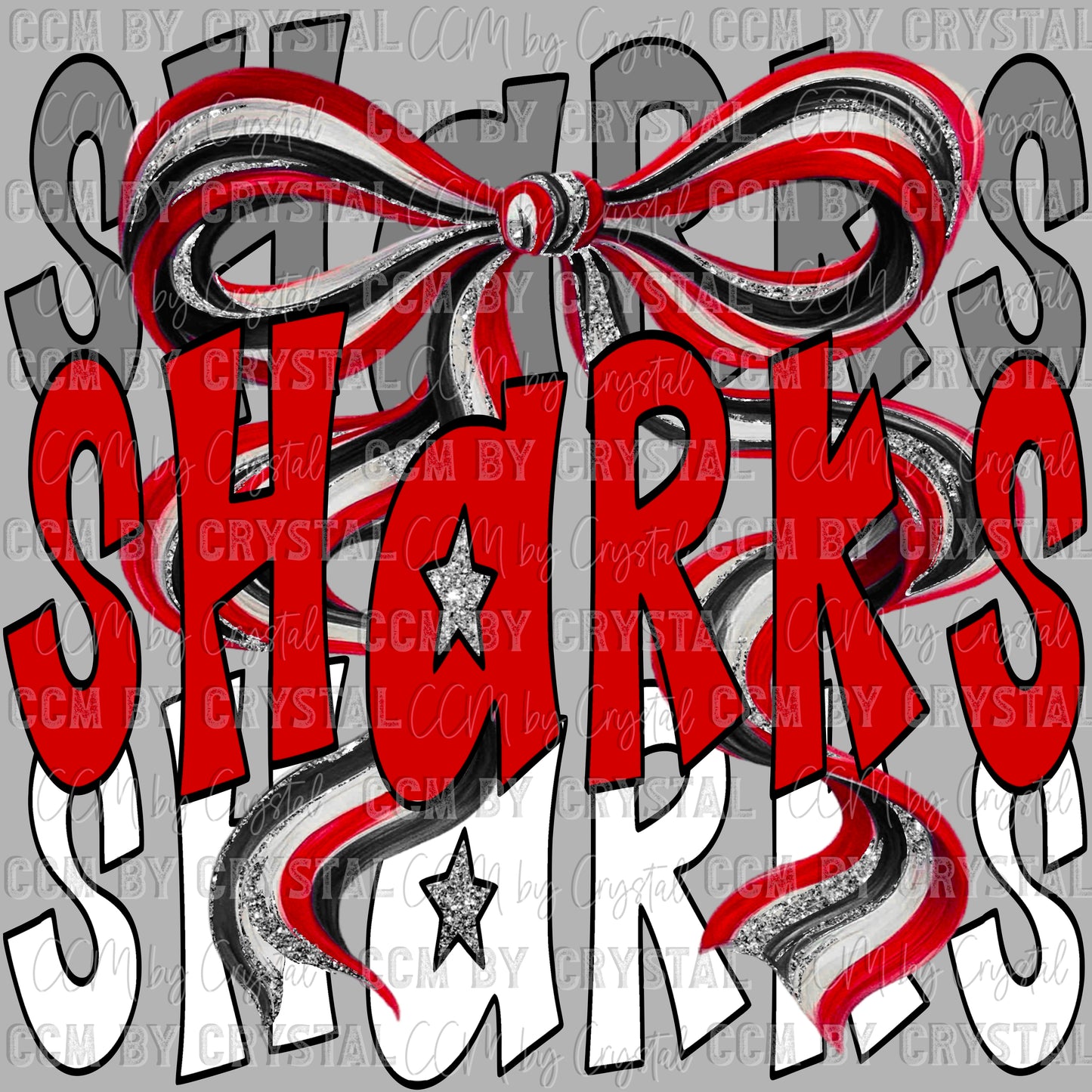 Sharks Bow Red Black and white Mascot Ready to Press Transfer DTF Transfer Sublimation Transfer