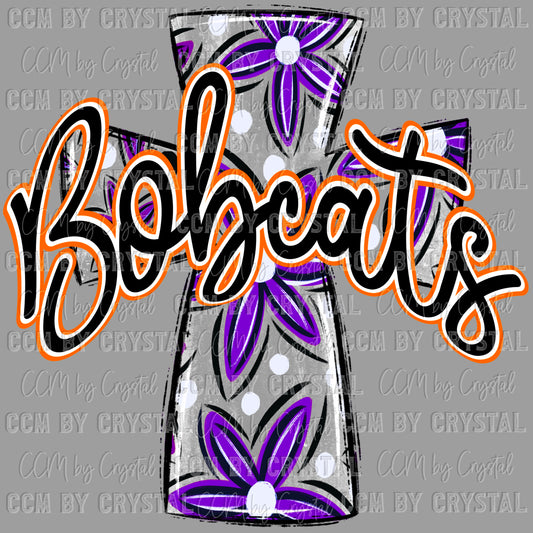 Bobcats Cross Floral Orange Purple Mascot Ready to Press Transfer DTF Transfer Sublimation Transfer