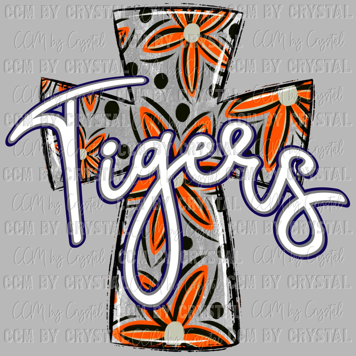 Tigers Cross Floral orange Mascot Ready to Press Transfer DTF Transfer Sublimation Transfer