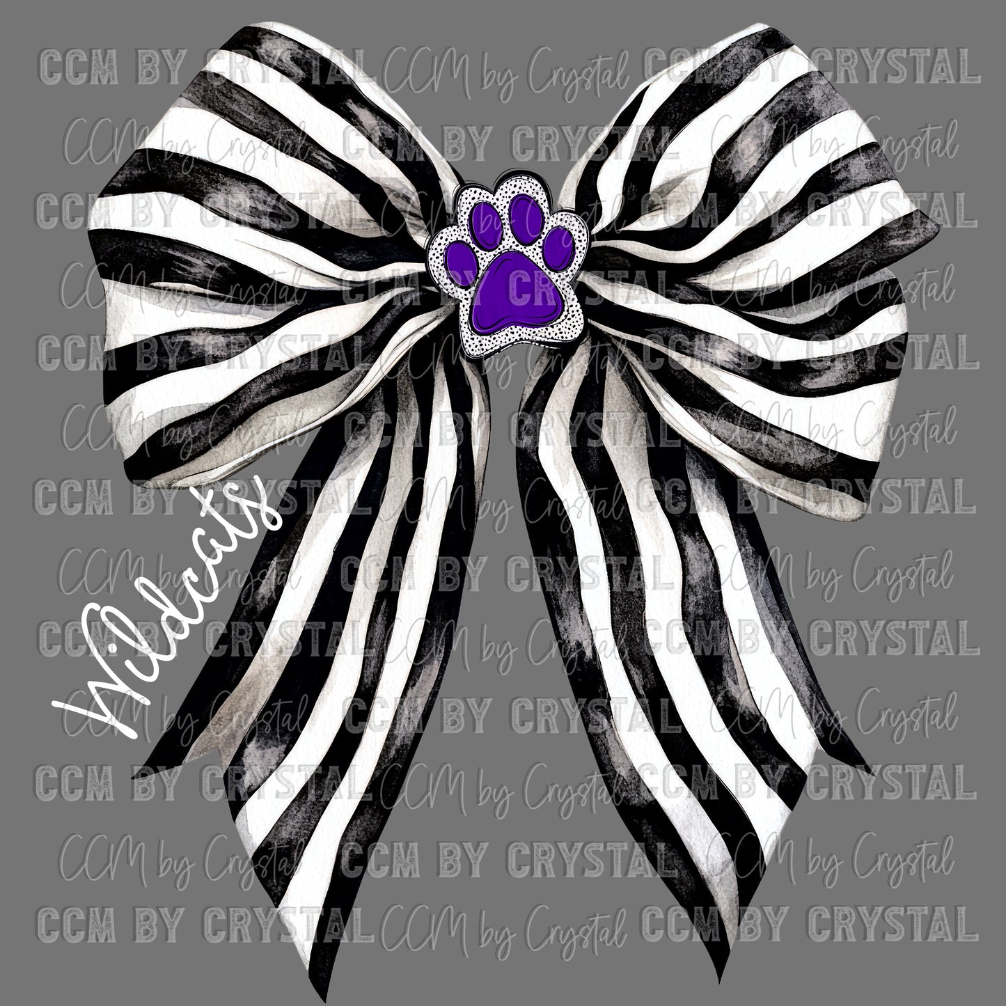 Wildcats Black and White Bow Mascot Purple Paw Ready to Press Transfer DTF Transfer Sublimation Transfer