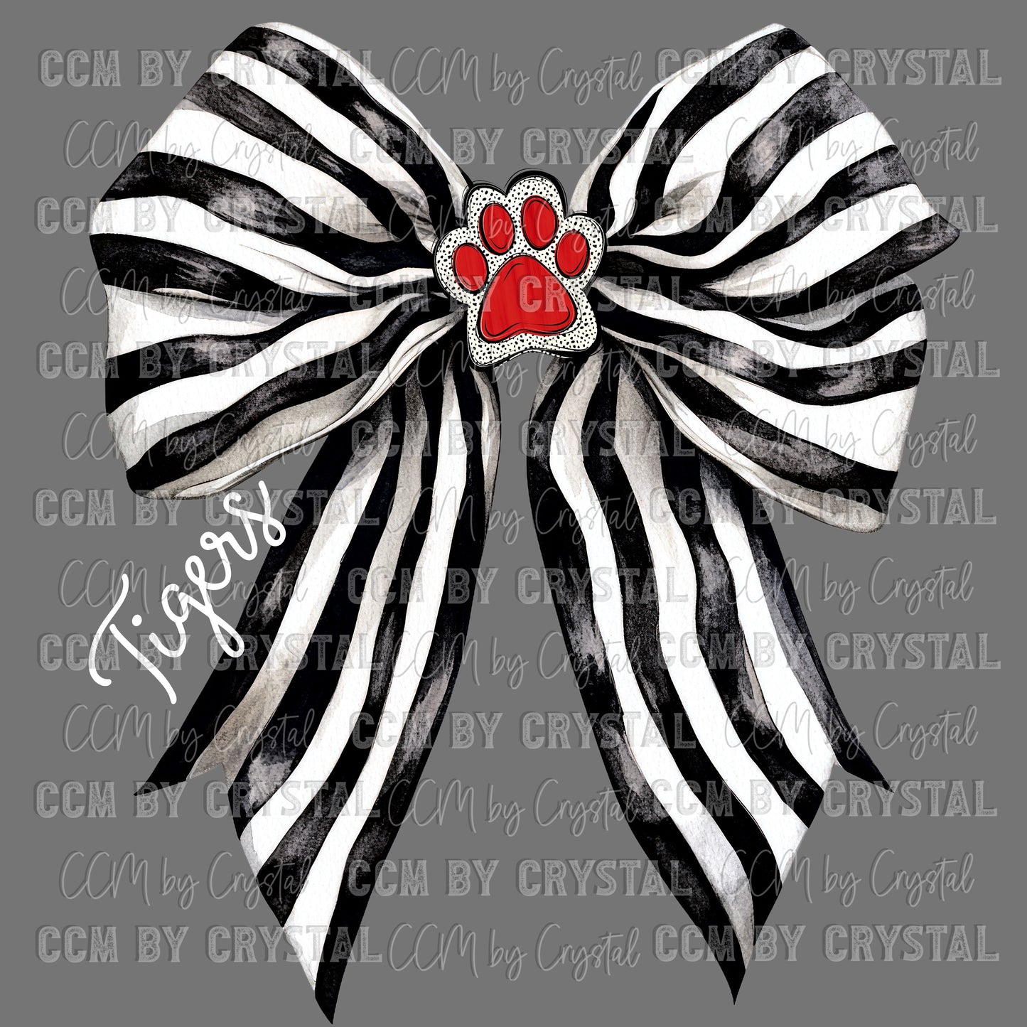 Tigers Black and White Bow Mascot Red Paw Ready to Press Transfer DTF Transfer Sublimation Transfer