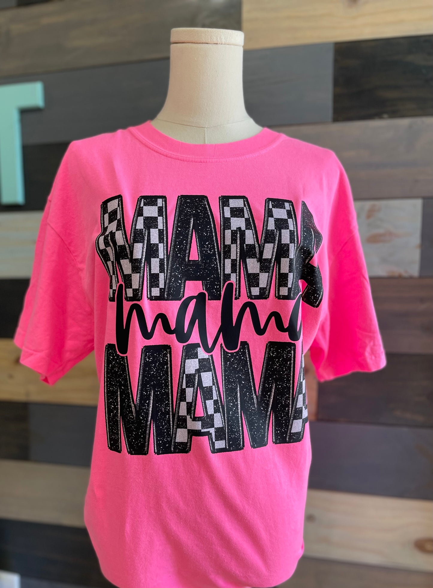 Mama Checkered Neon Pink Comfort Colors T-Shirt
