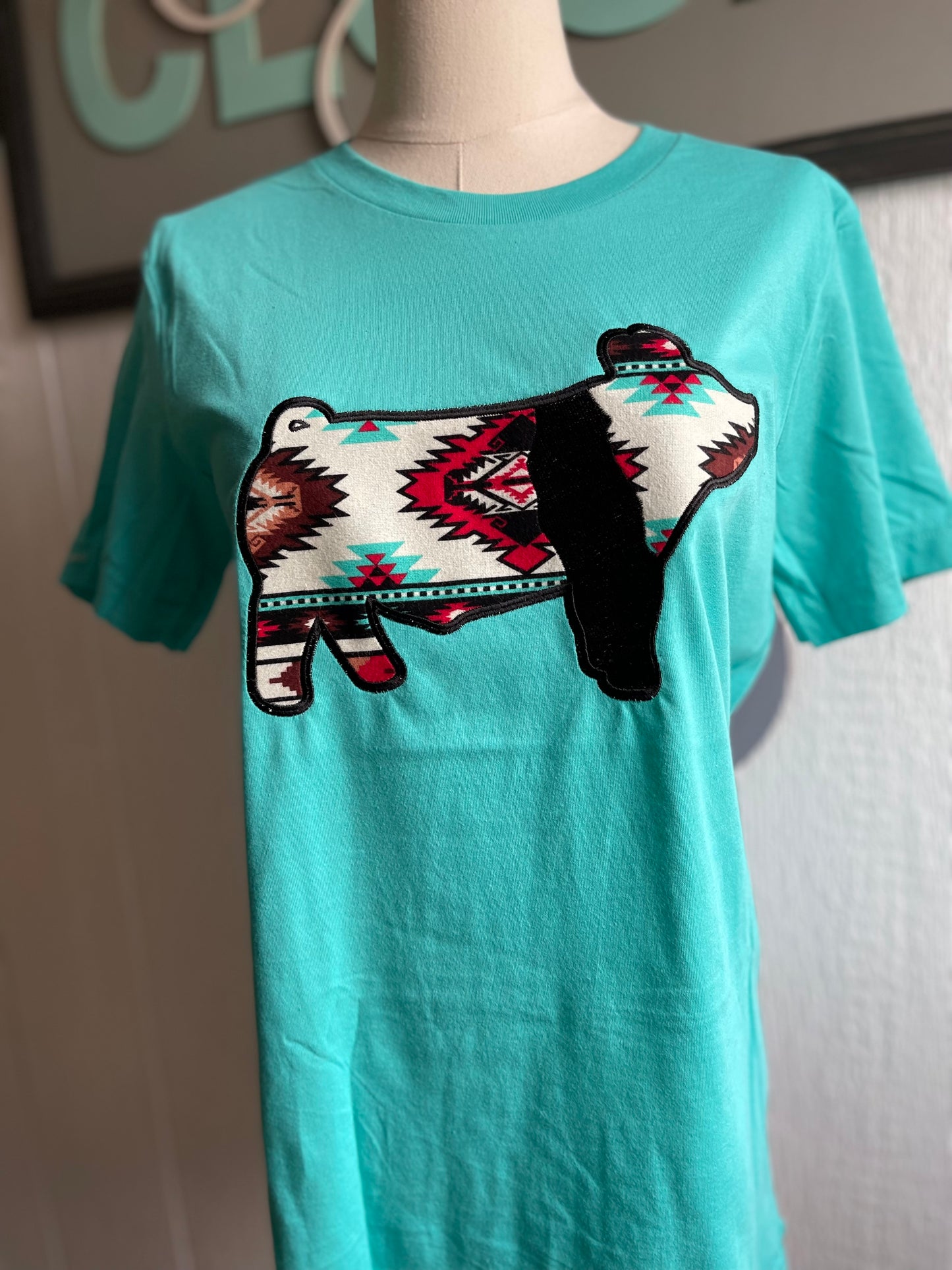 Western Aztec Black Show Pig Embroidered Applique T-Shirt