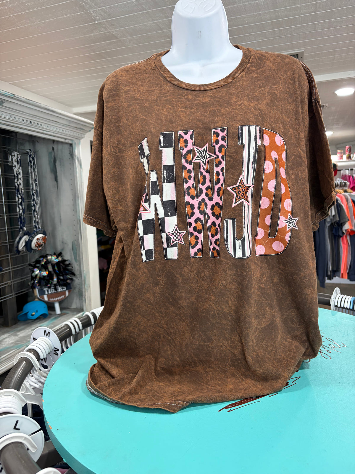 WWJD What would Jesus Do Brown Acid Wash T Shirt