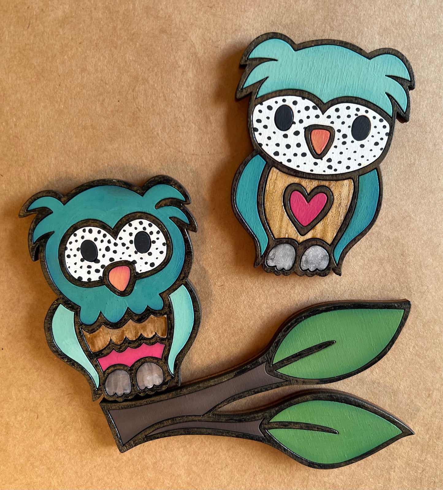 Owls and Tree Branch Magnets Set of 3 Hand Painted