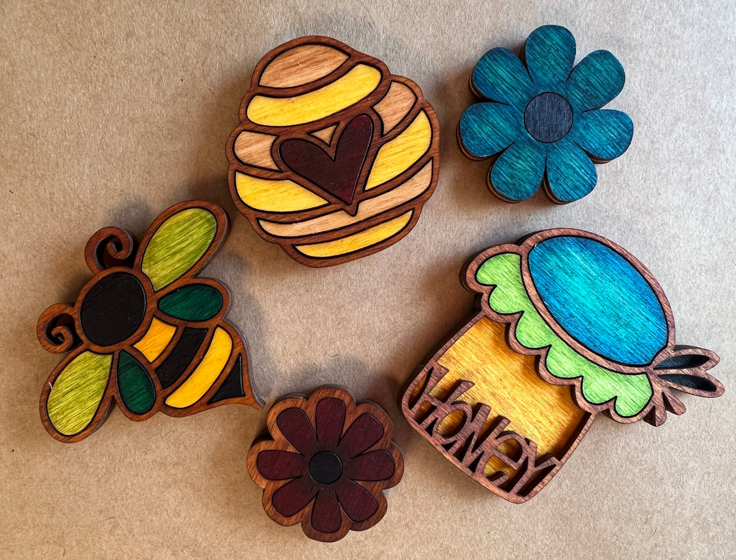 Refrigerator Magnets Bee Set of 5 Bee, 2 Flowers, Hive, Honey Pot