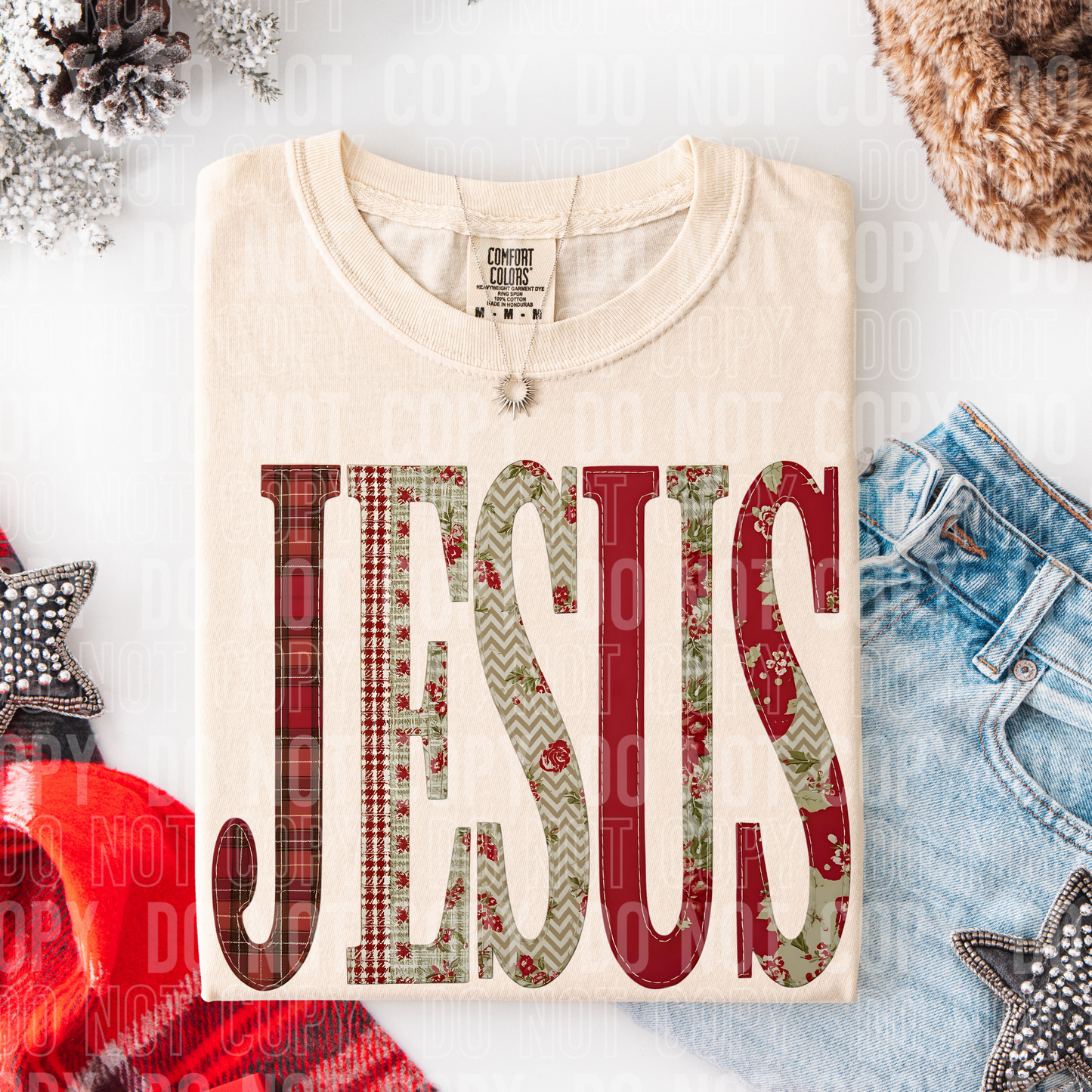Jesus Christianity Floral Christmas Faux Fake Patch Ready to Press Transfer DTF Transfer Sublimation Transfer