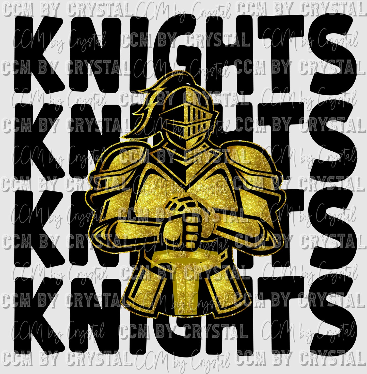 Knights Stacked Gold Glitter Mascot Mascot Ready to Press Transfer