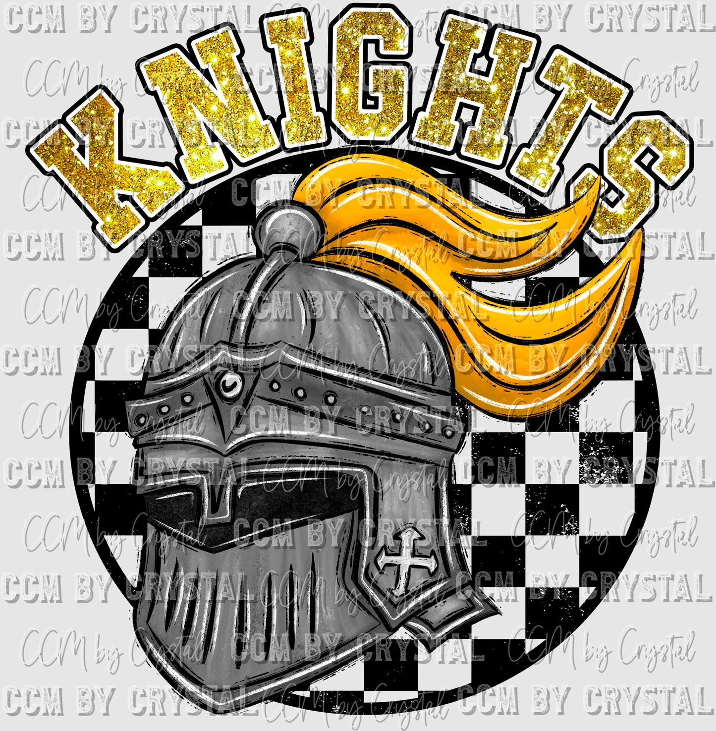 Knights Checkered Background Gold Glitter Mascot Ready to Press Transfer