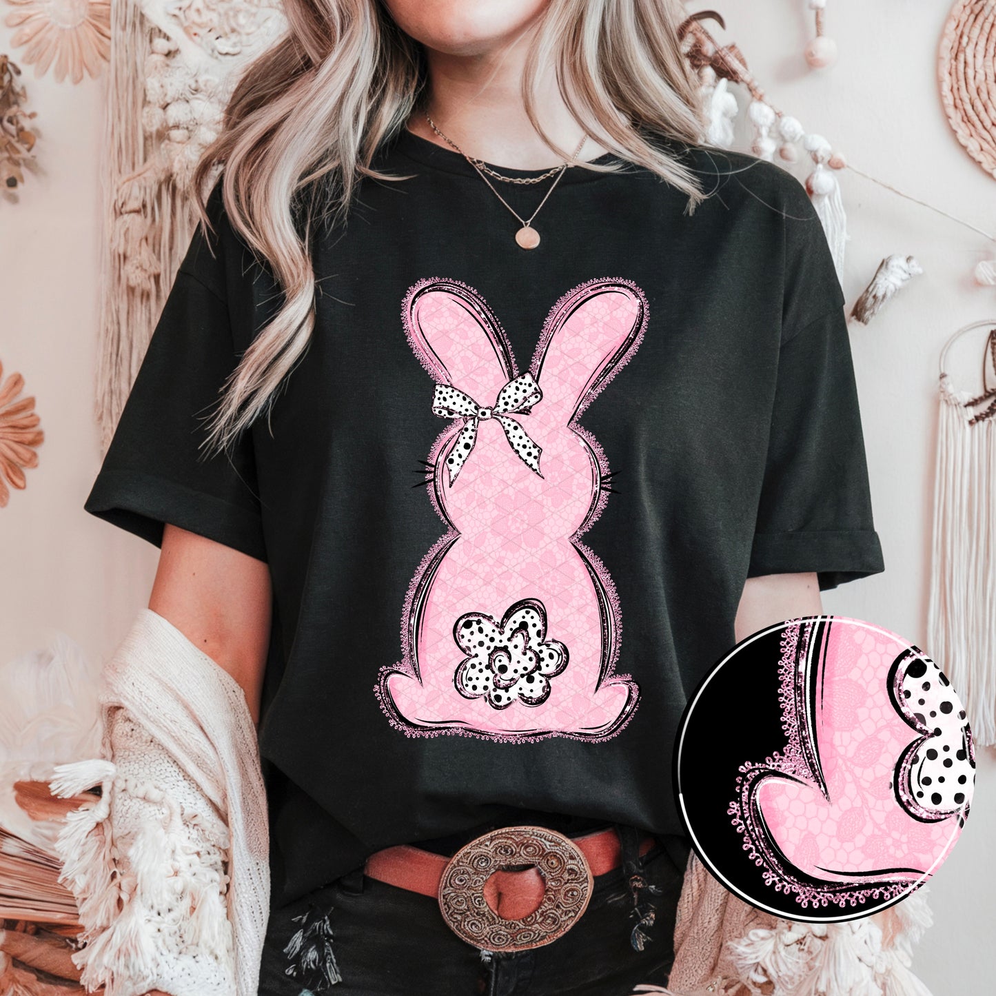 Pink Faux Lace Bunny Easter Ready to Press Instant Peel DTF Transfers Sublimation Transfers