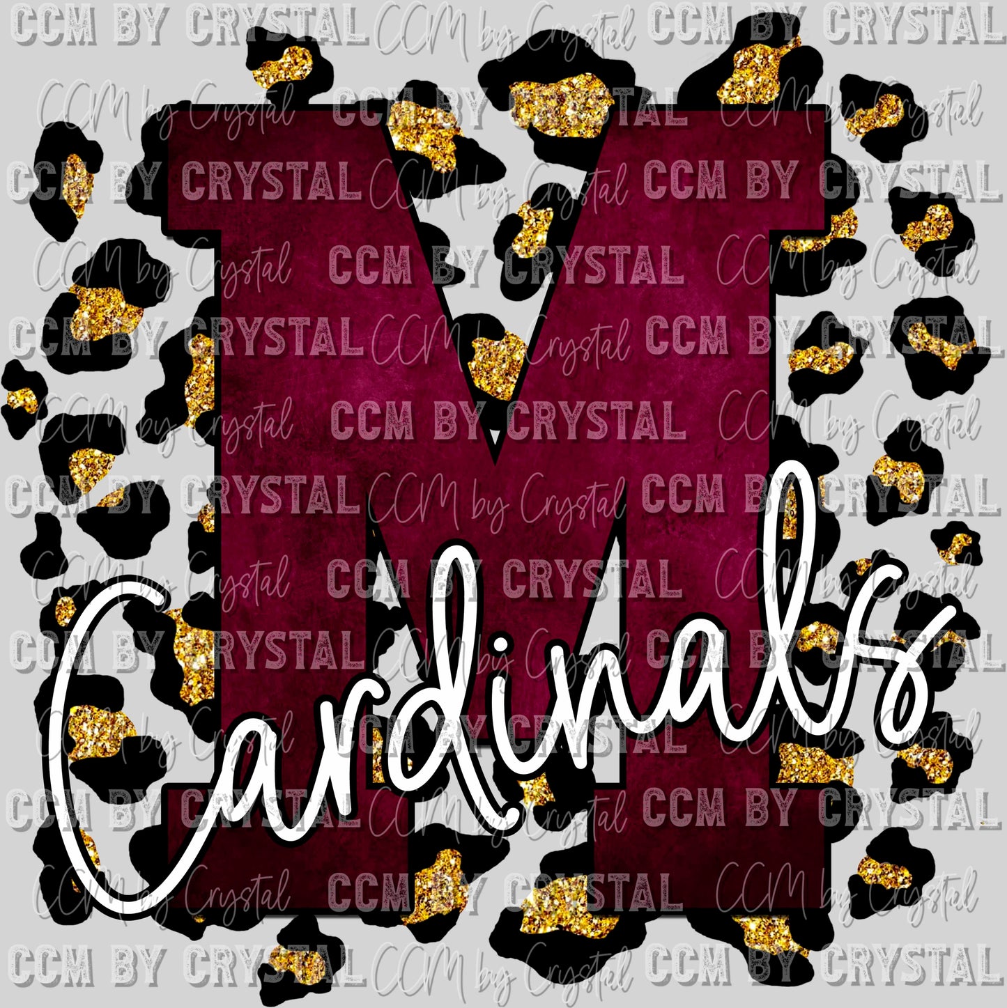 Maroon M Cardinals Mascot with Gold Leopard Background Ready to Press Transfer