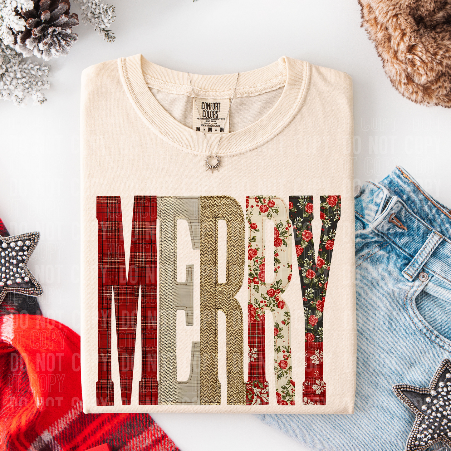 Merry Christmas Floral Faux Fake Patch Ready to Press Transfer DTF Transfer Sublimation Transfer