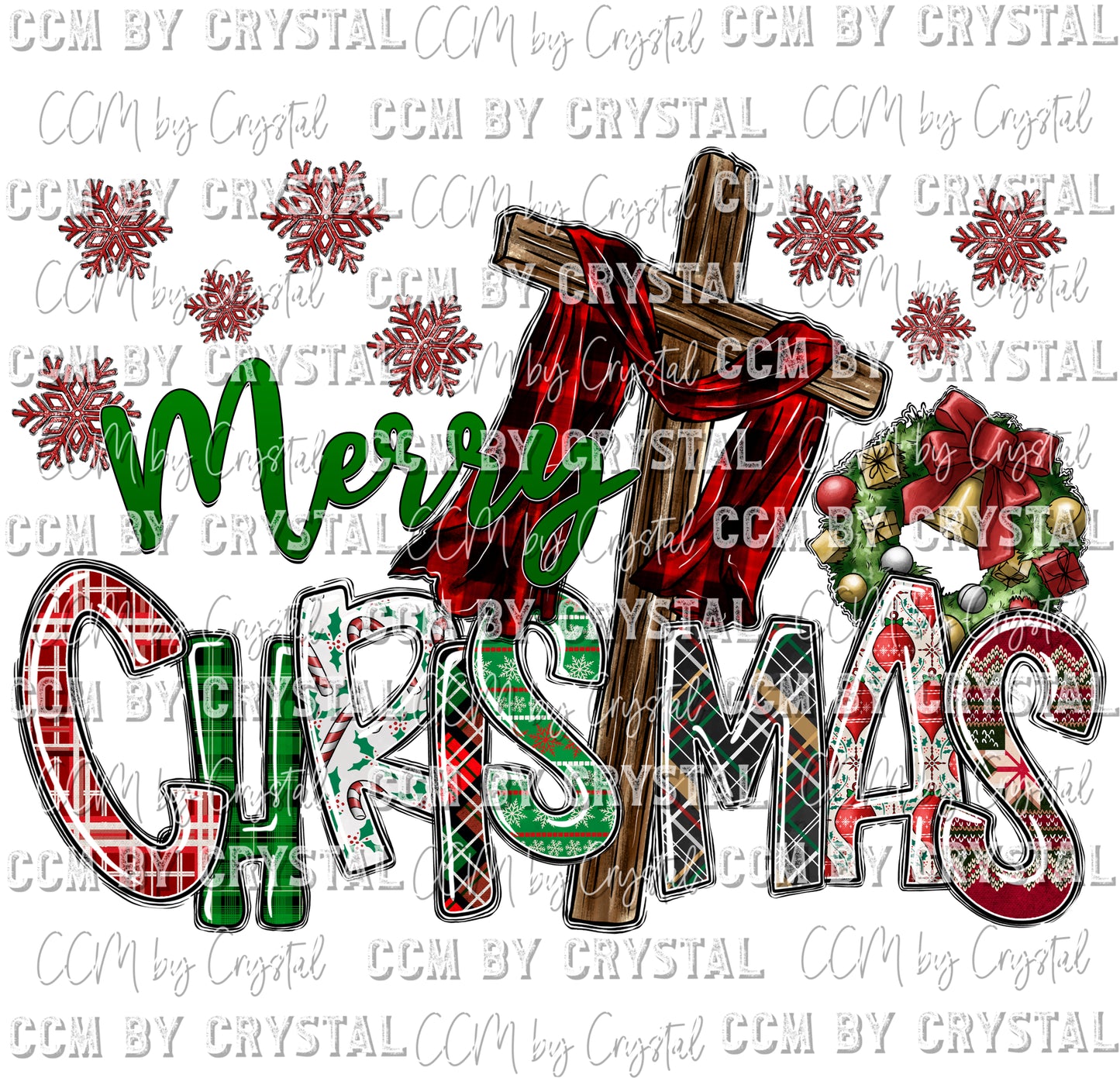 Merry Christmas Cross Snowflakes Ready to Press Transfer