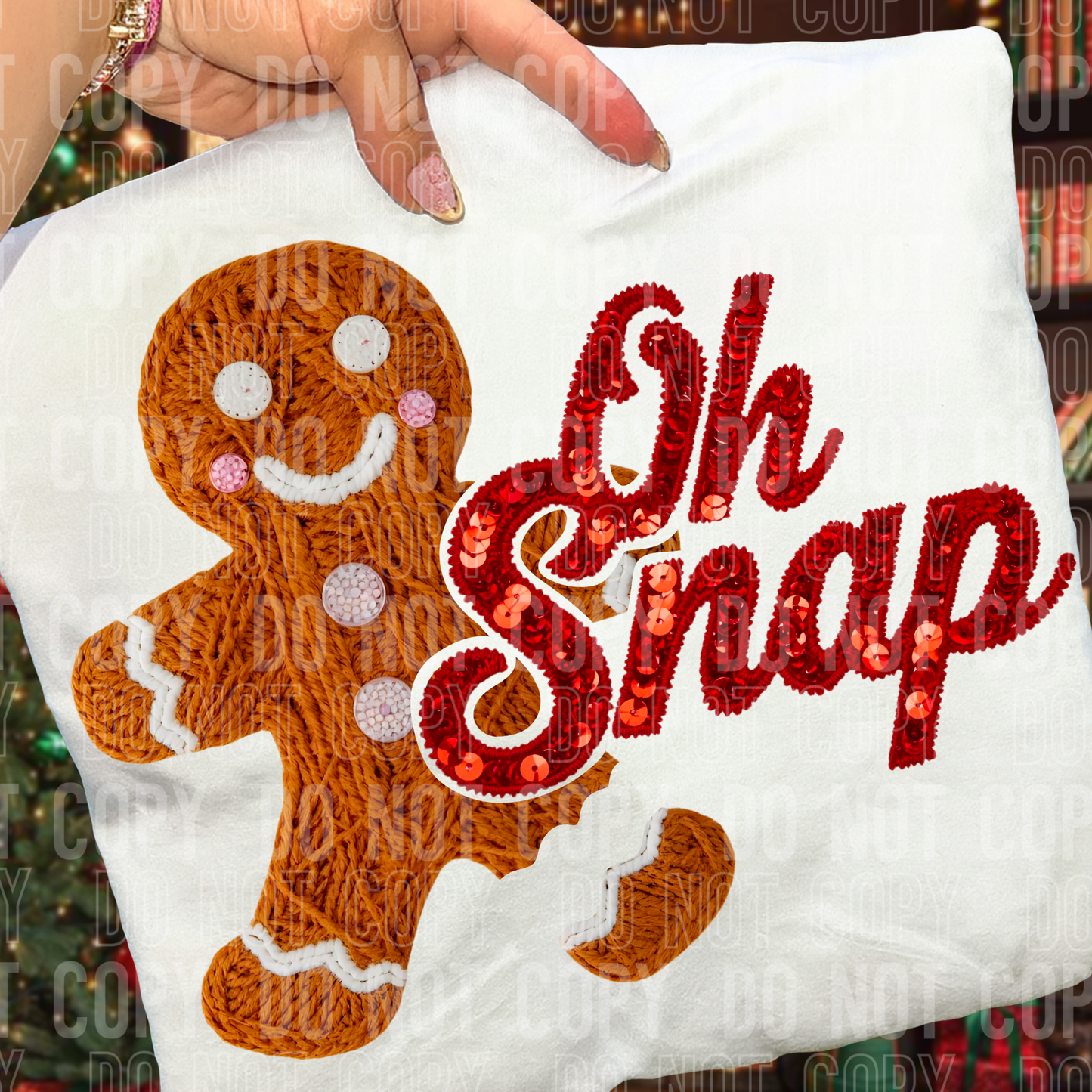 Oh Snap Gingerbread Man Christmas Faux Fake Yarn and Sequin Ready to Press Transfer DTF Transfer Sublimation Transfer