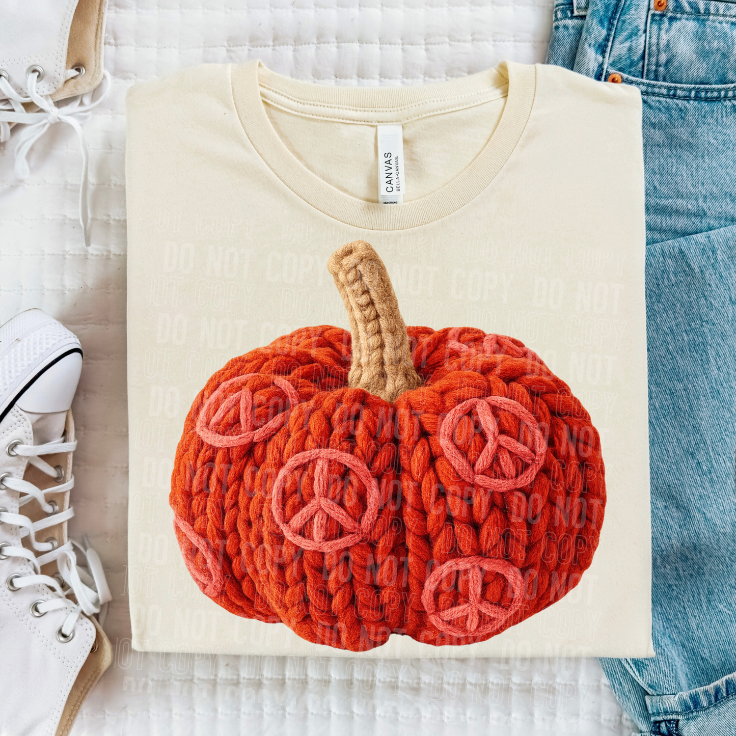 Peace Pumpkin Fall Faux Fake Yarn Ready to Press Transfer DTF Transfer Sublimation Transfer