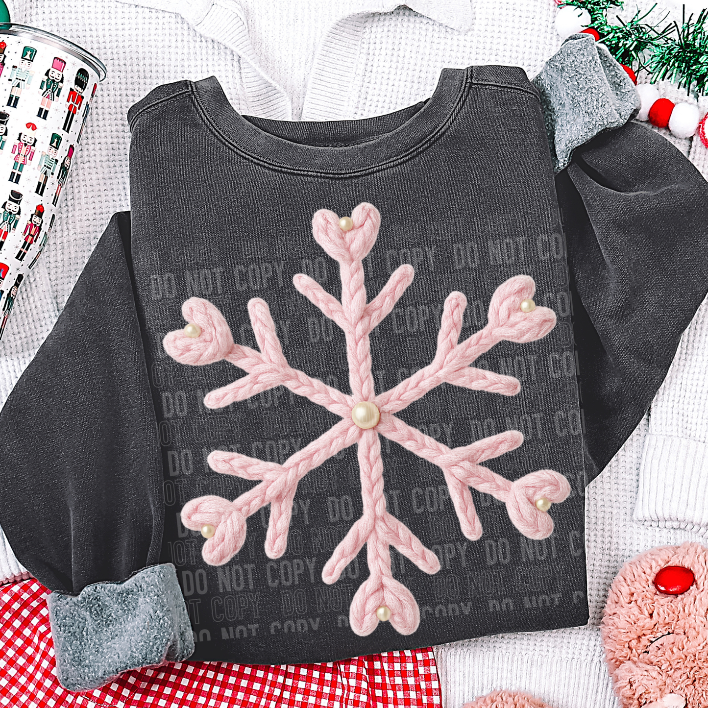 Snowflake Pink Christmas Faux Fake Yarn and Sequin Ready to Press Transfer DTF Transfer Sublimation Transfer